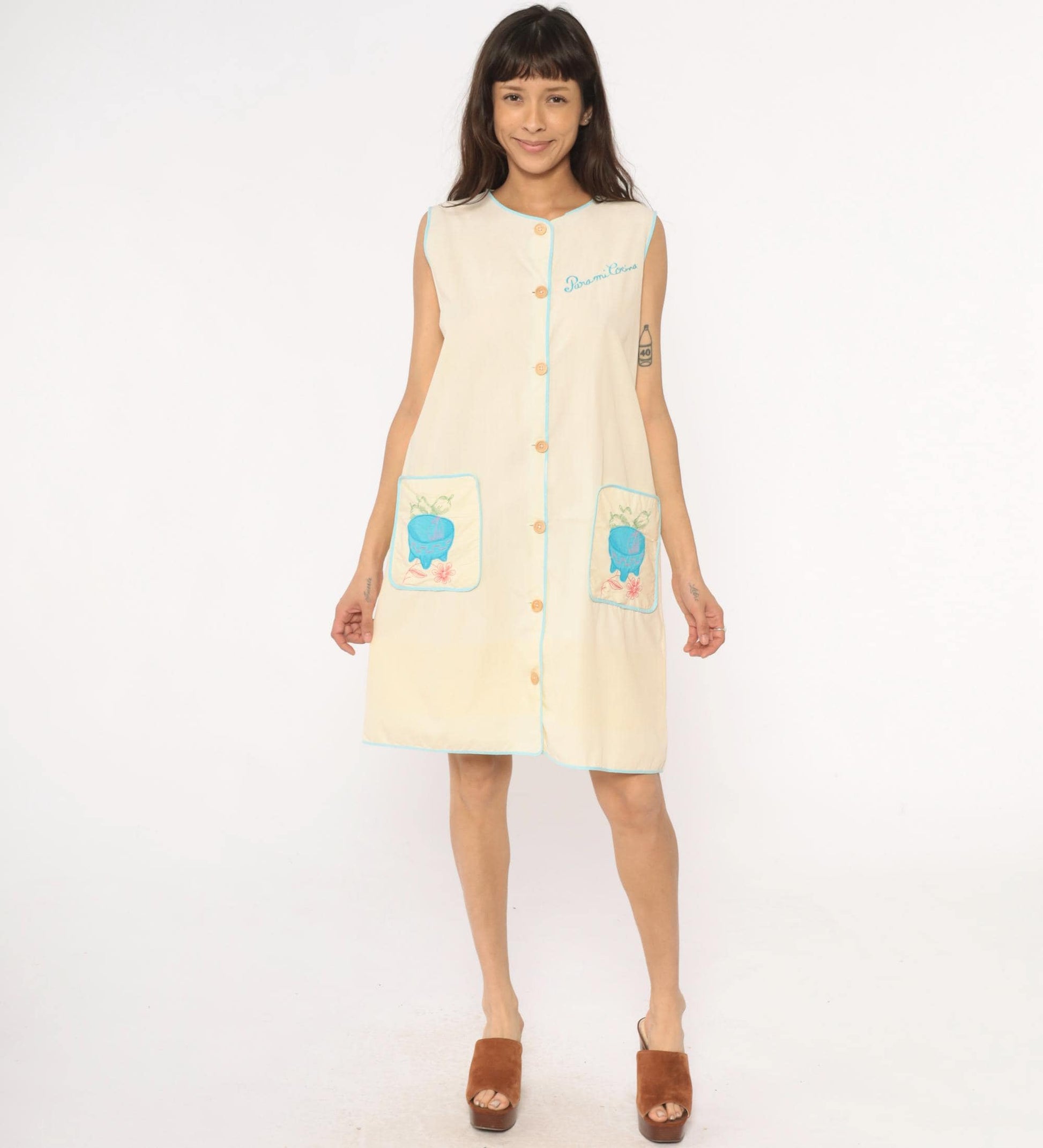 80s Yellow Cotton House Dress Para Mi Cocina Embroidered Molcajete Medium