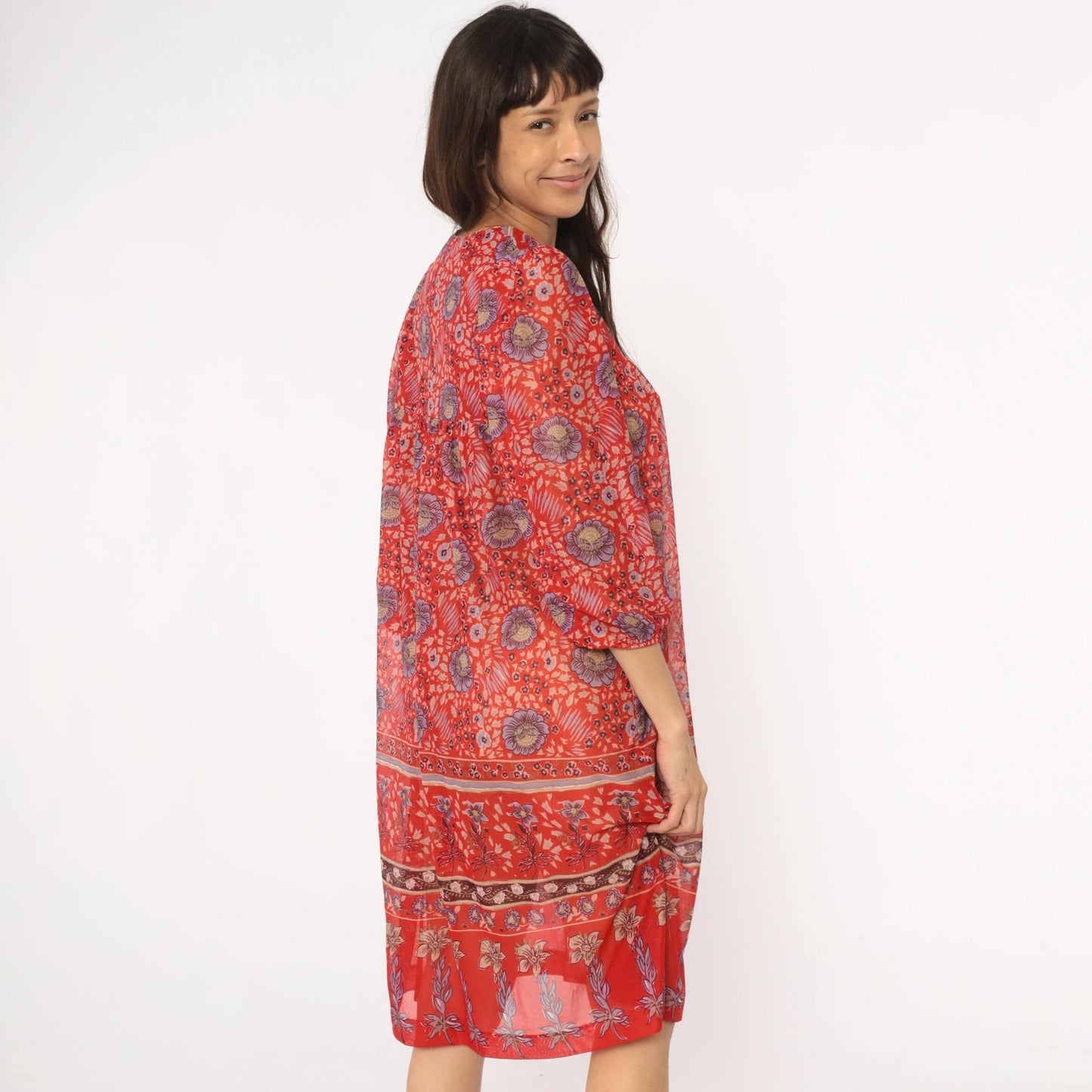 70s Floral Shift Dress Red Coral V-Neck Knee Length Three-Quarter Sleeve Medium Large