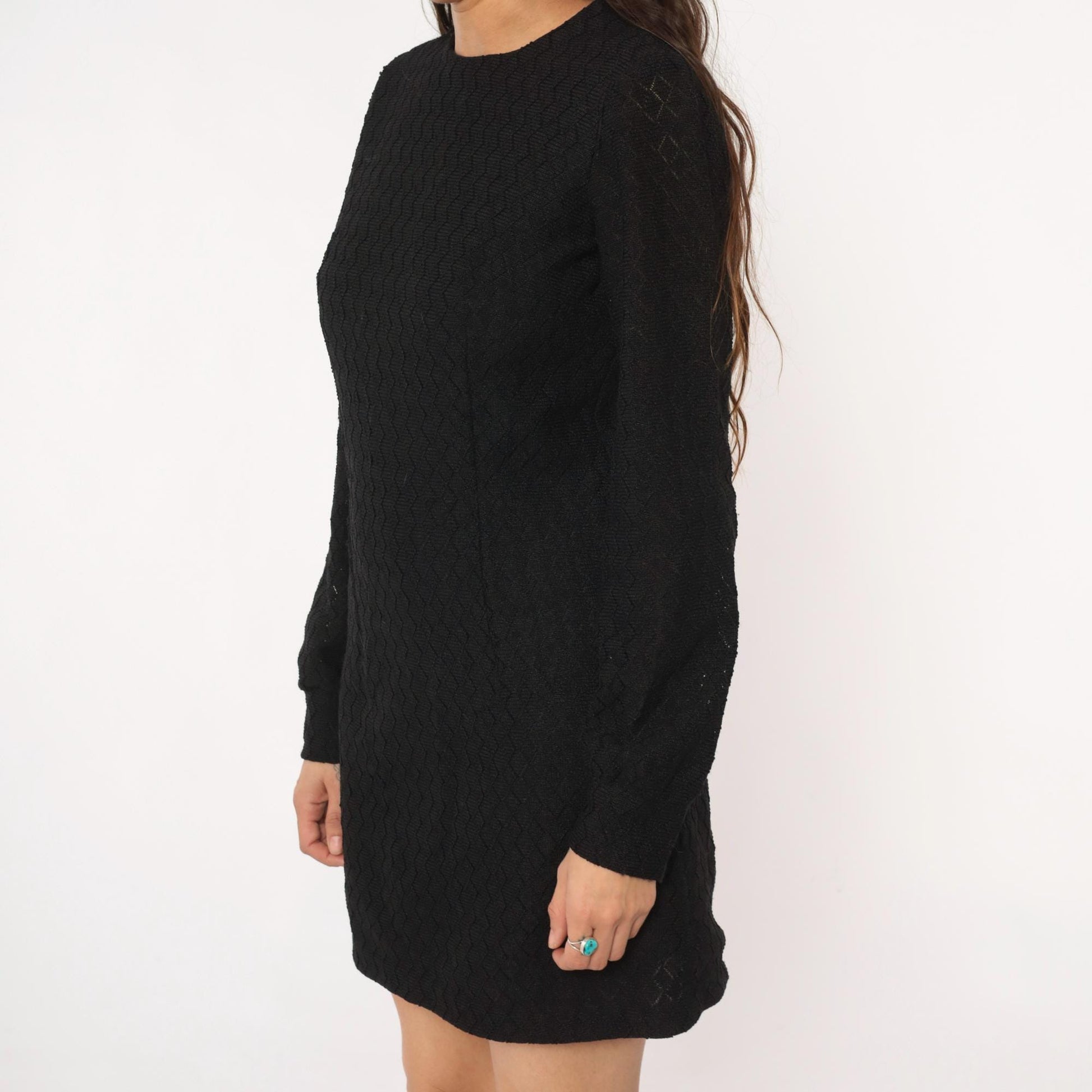 60s Black Mini Dress Diamond Quilted Long Sleeve Crew Neck Small