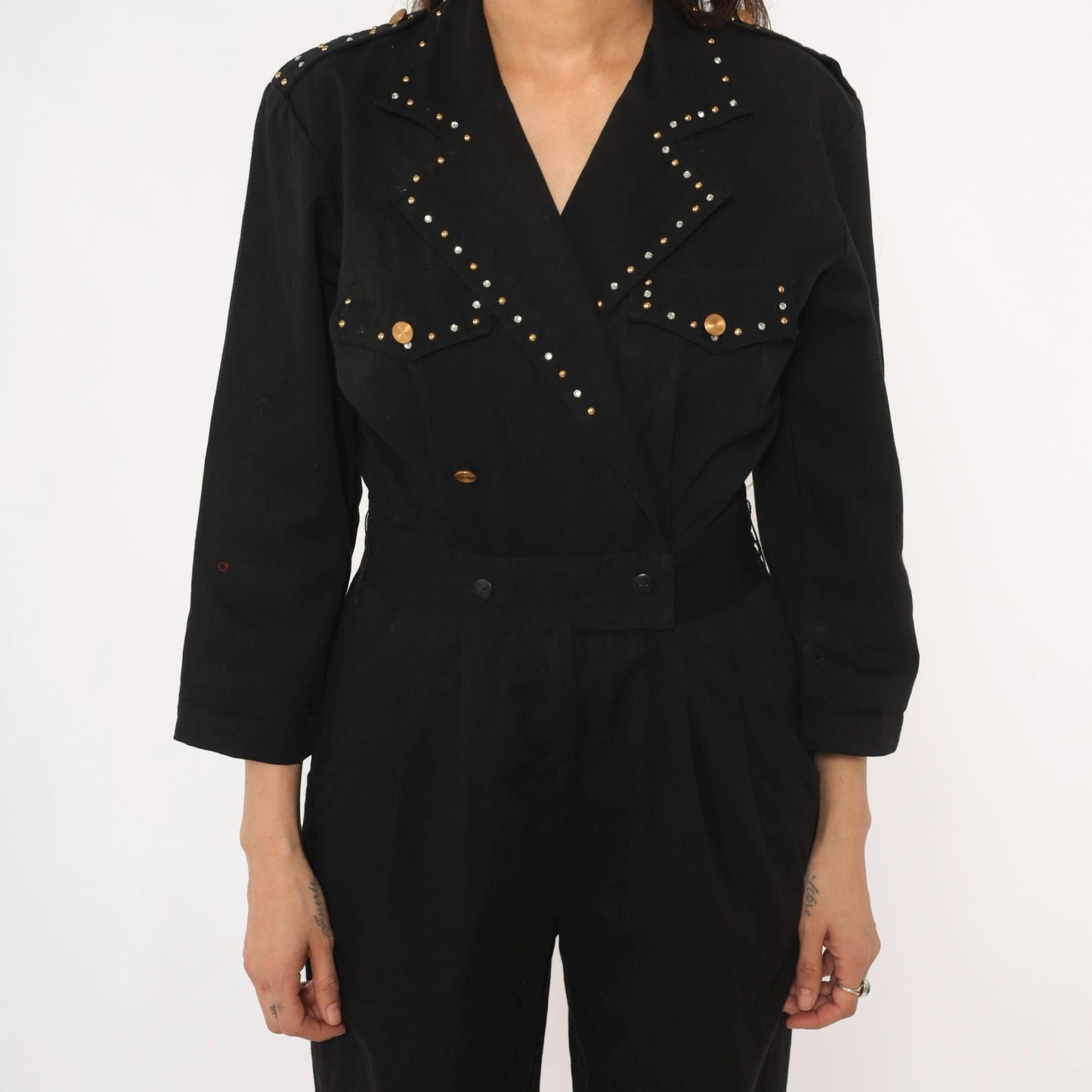 90s D Frank Black Cotton Jumpsuit Rhinestone V-Neck Wide Leg Small S