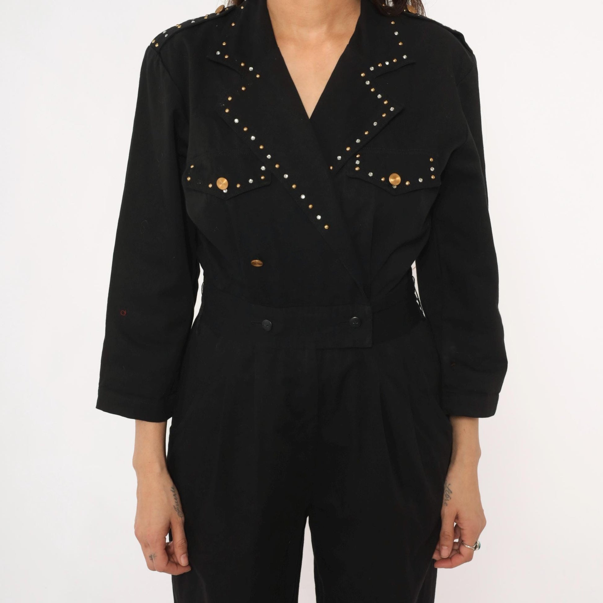 90s D Frank Black Cotton Jumpsuit Rhinestone V-Neck Wide Leg Small S