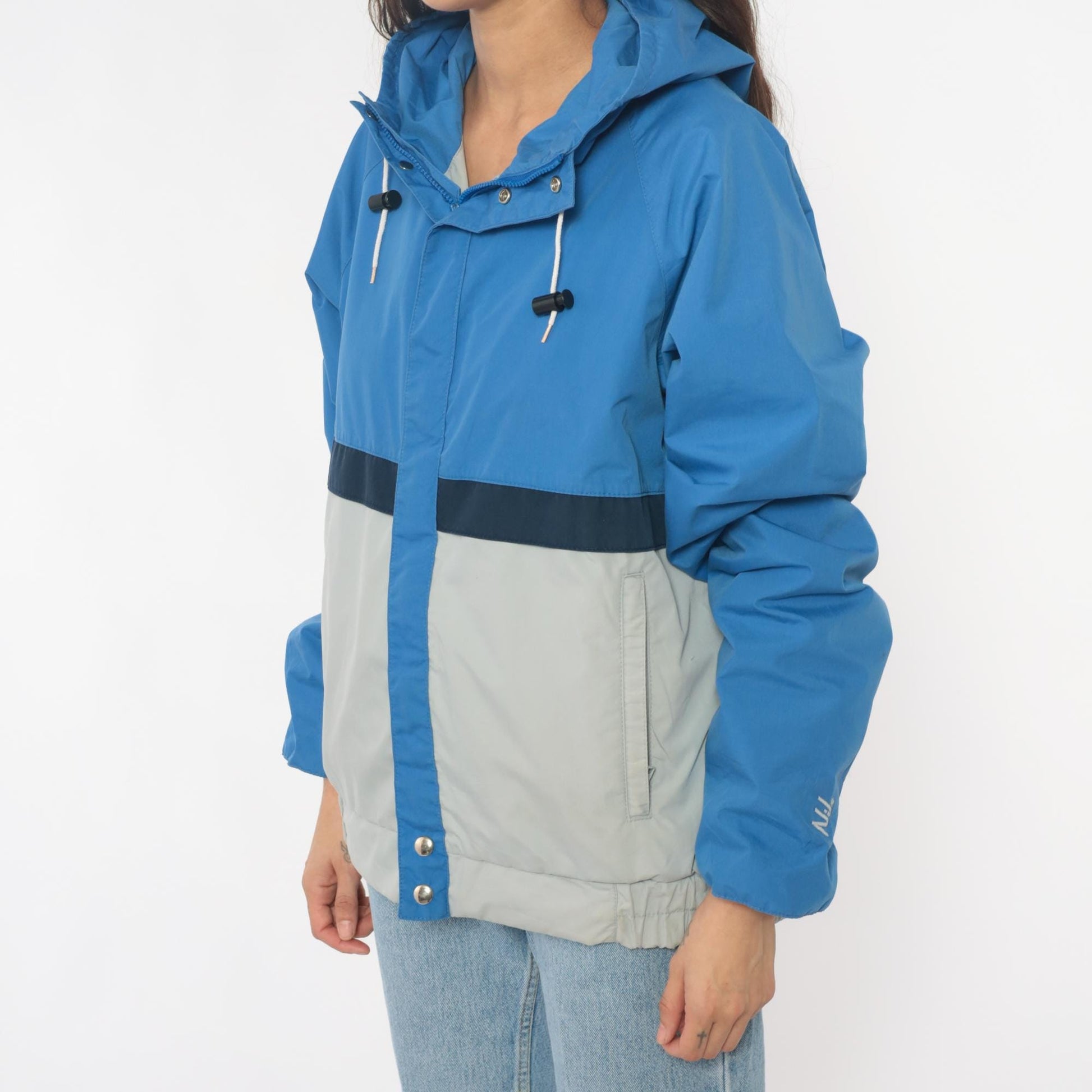 90s Nils Colorblock Hooded Windbreaker Jacket Blue Navy Cream Medium