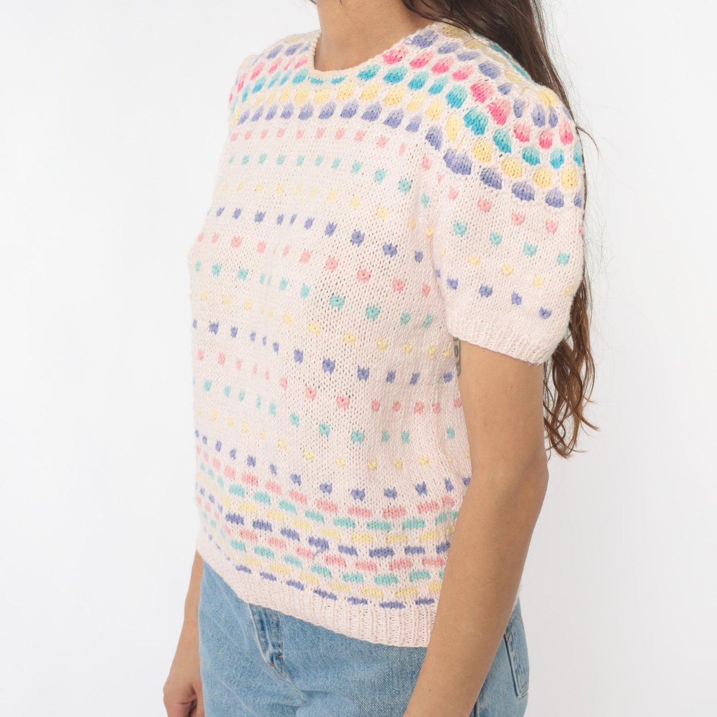 80s Deans of Scotland Puff Sleeve Knit Top Cream Polka Dot Small