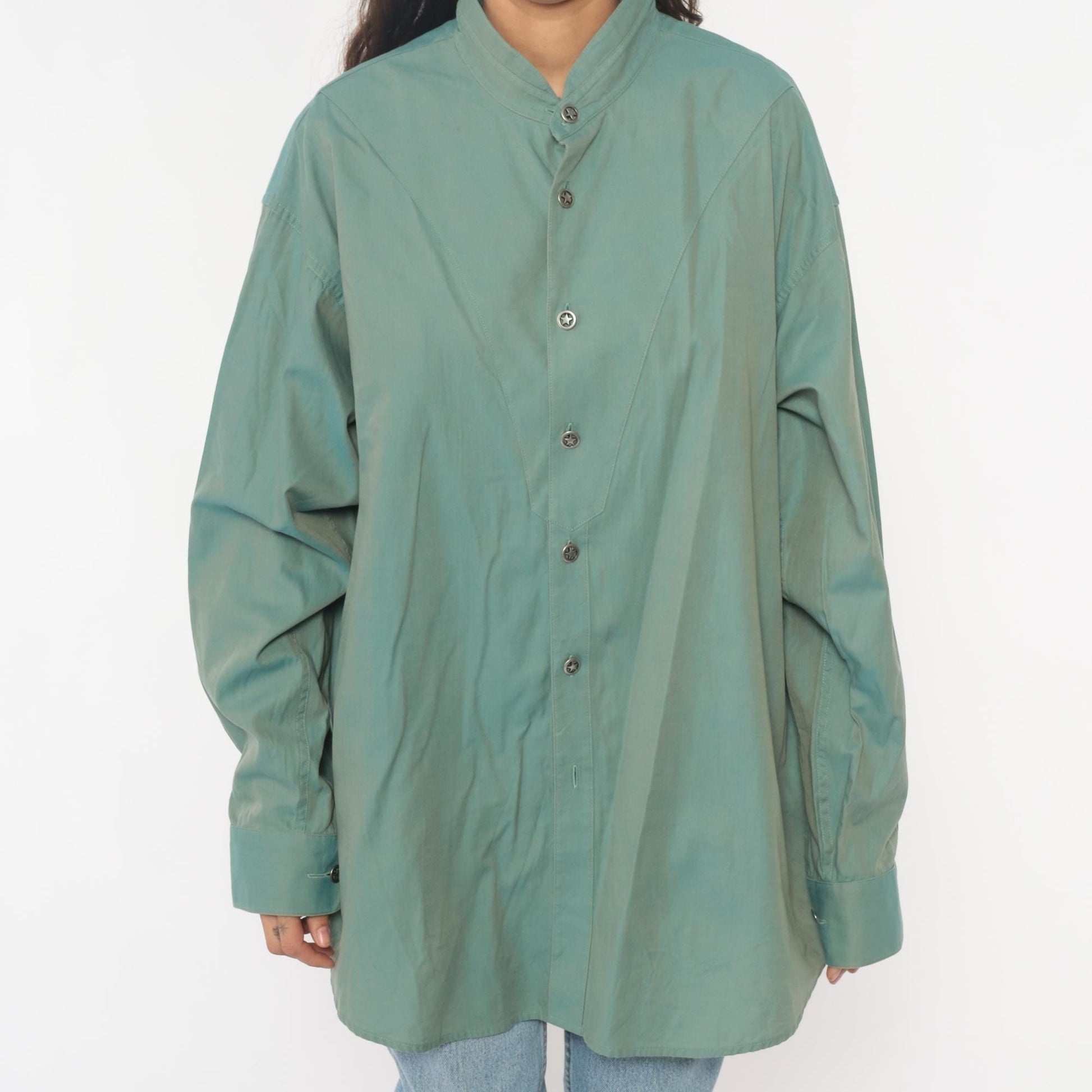 90s Stubbs Sage Green Western Shirt Mandarin Collar Button Front Extra Large XL
