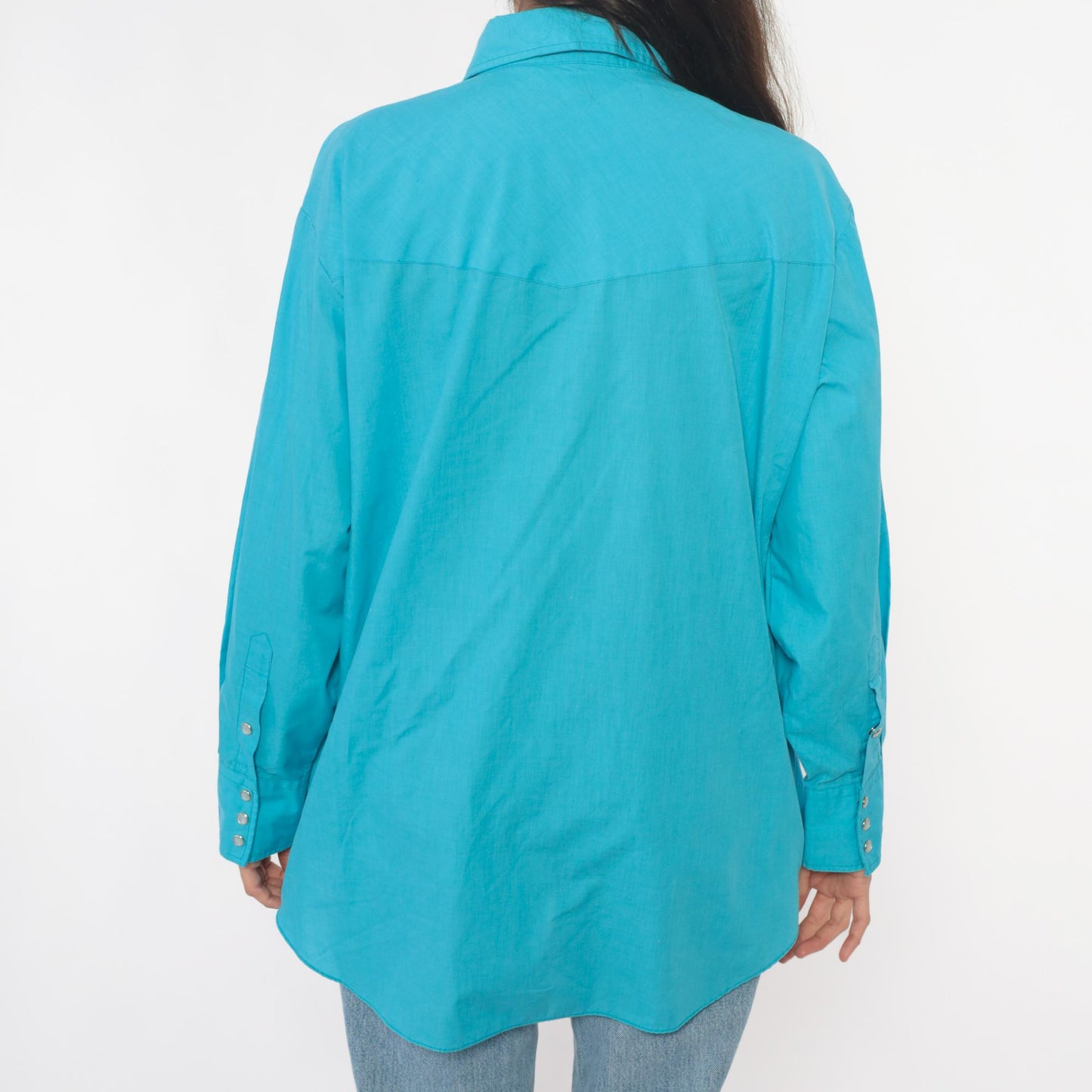 80s Sheplers Turquoise Western Shirt Pearl Snap Collared Long Sleeve Large