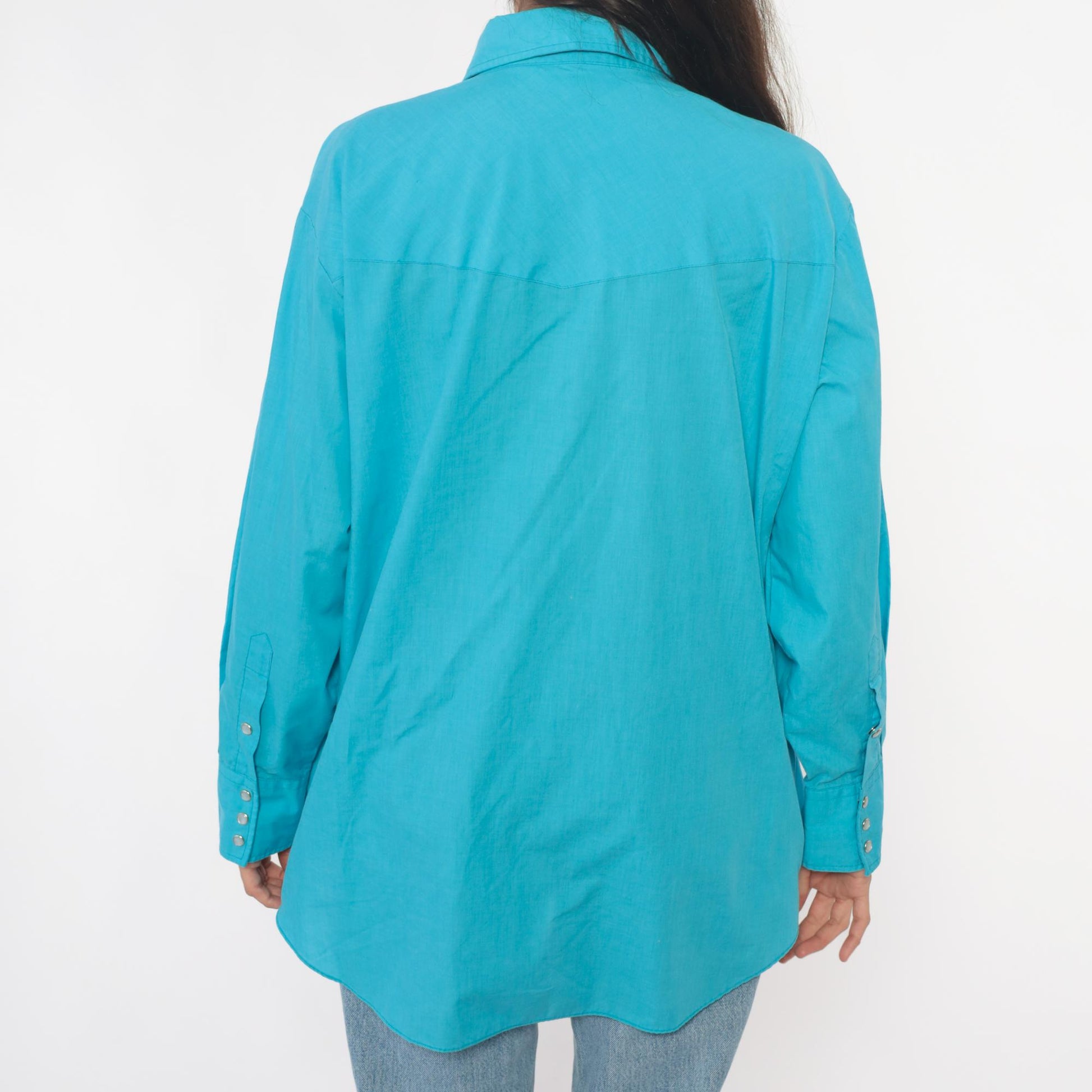 80s Sheplers Turquoise Western Shirt Pearl Snap Collared Long Sleeve Large