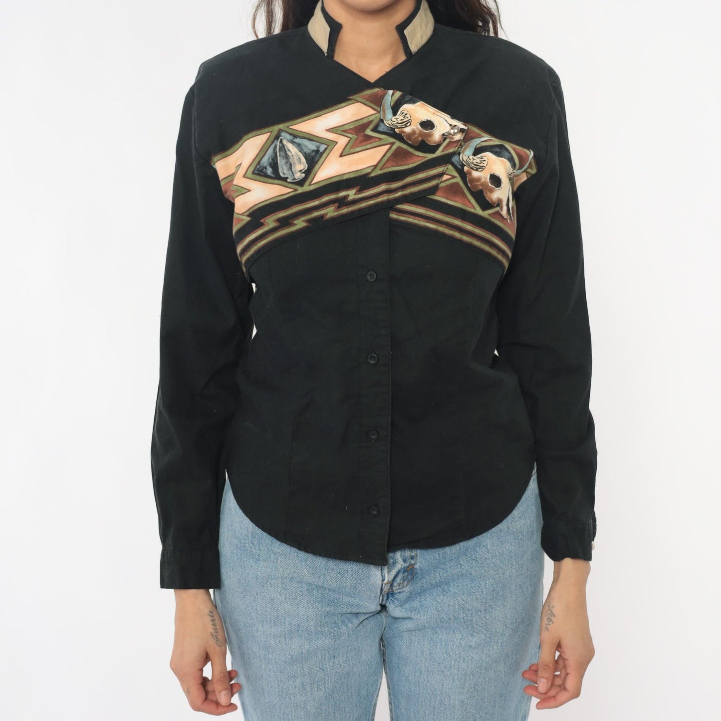90s Roper Black Western Shirt Buffalo Skull Southwestern Appliqué Small