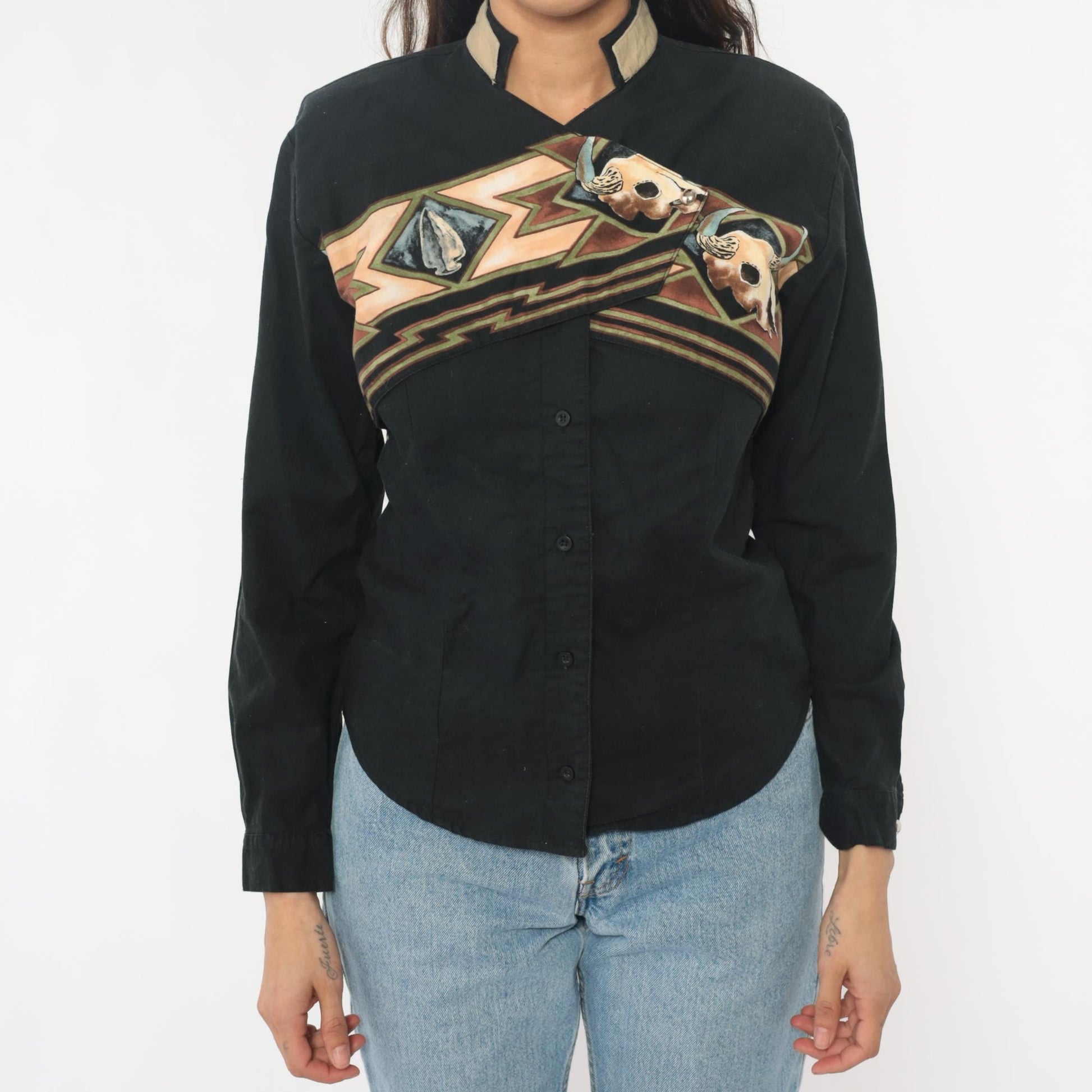 90s Roper Black Western Shirt Buffalo Skull Southwestern Appliqué Small
