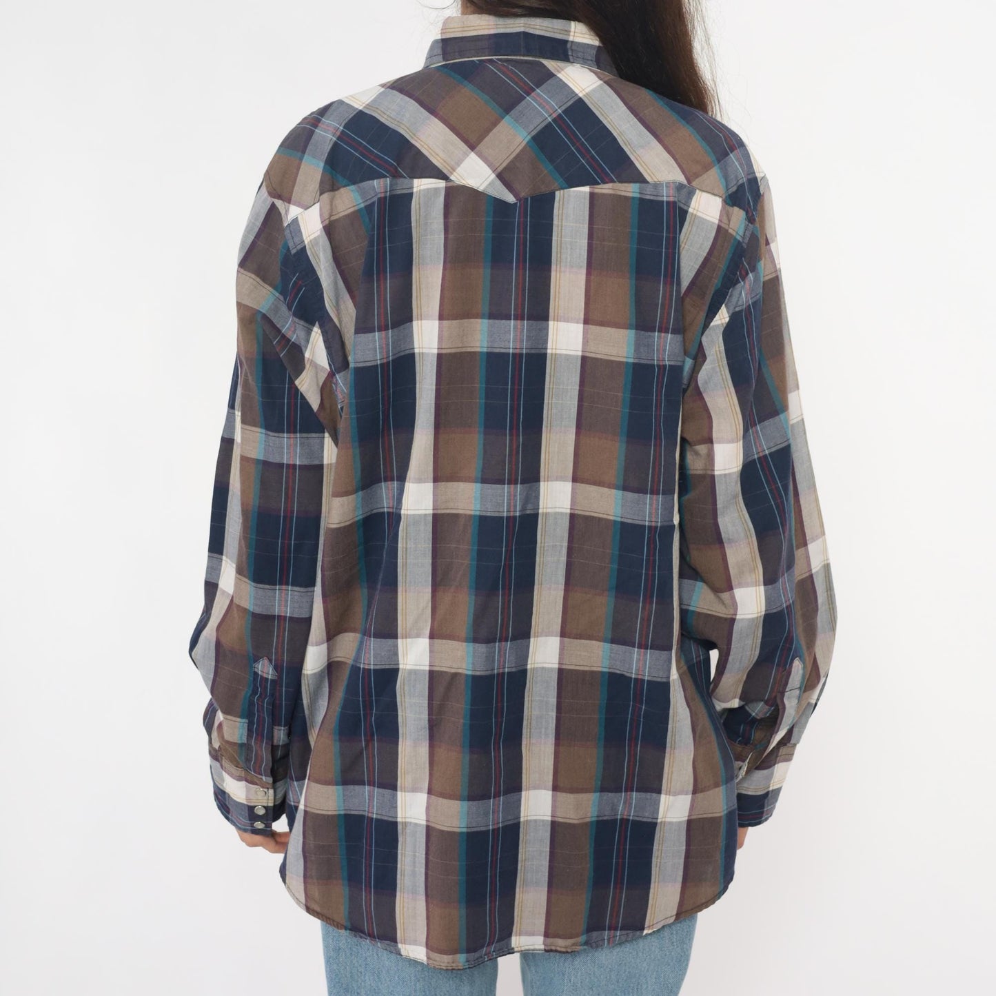 90s Youngbloods Western Shirt Pearl Snap Plaid Navy Brown Extra Large XL