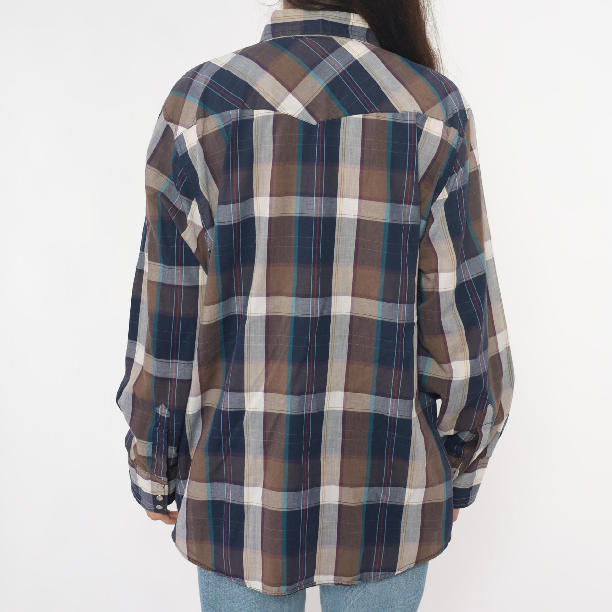 90s Youngbloods Western Shirt Pearl Snap Plaid Navy Brown Extra Large XL