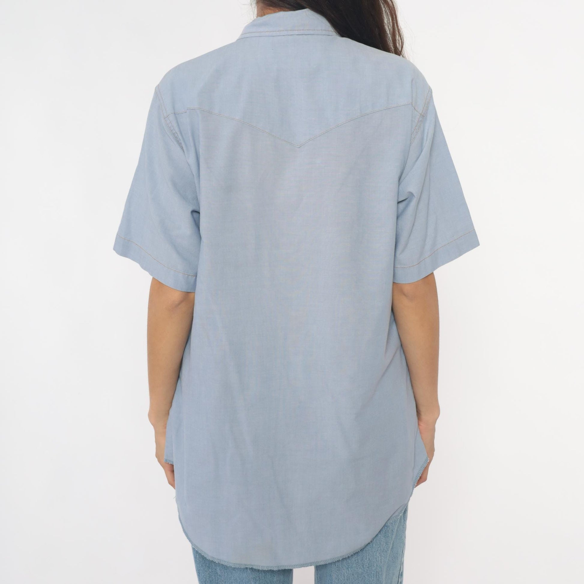 80s Wrangler Western Shirt Pearl Snap Light Blue Chambray Large
