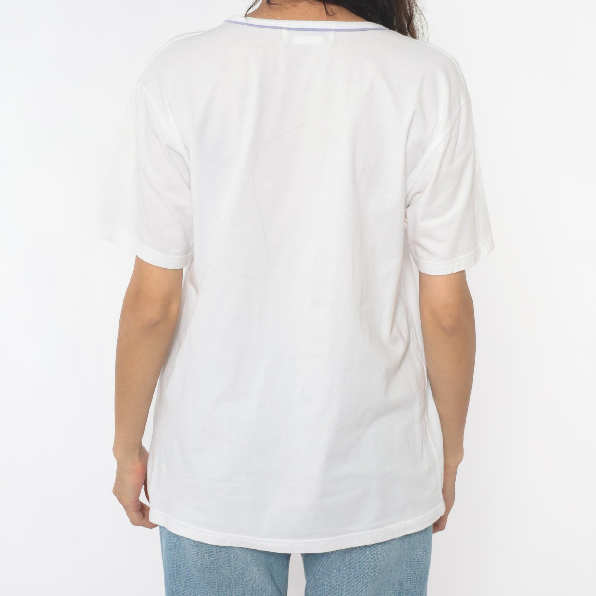 90s White Cotton Tee Embroidered Purple Flowers Pearl Centers Large L
