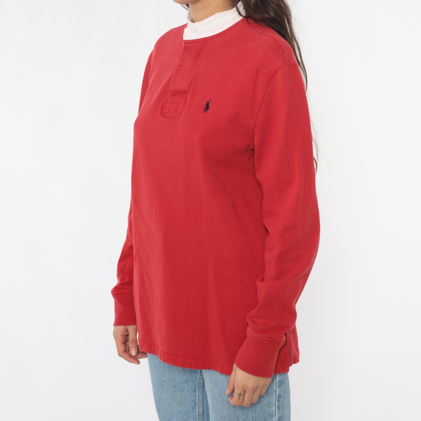 90s Polo Ralph Lauren Red Rugby Shirt White Collar Cotton Medium M
