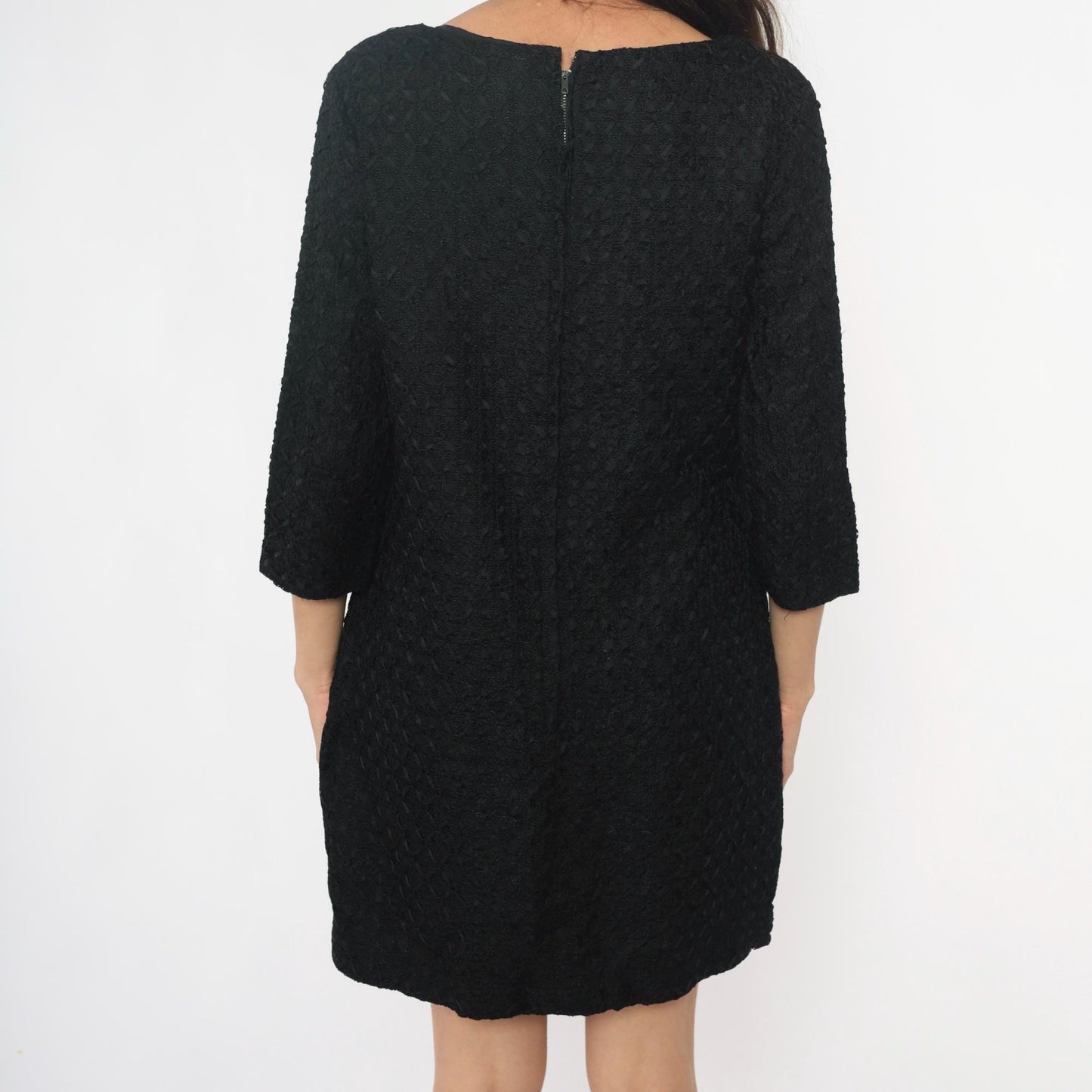 60s Black Shift Dress Boucle Boat Neckline Three-Quarter Sleeve Medium M
