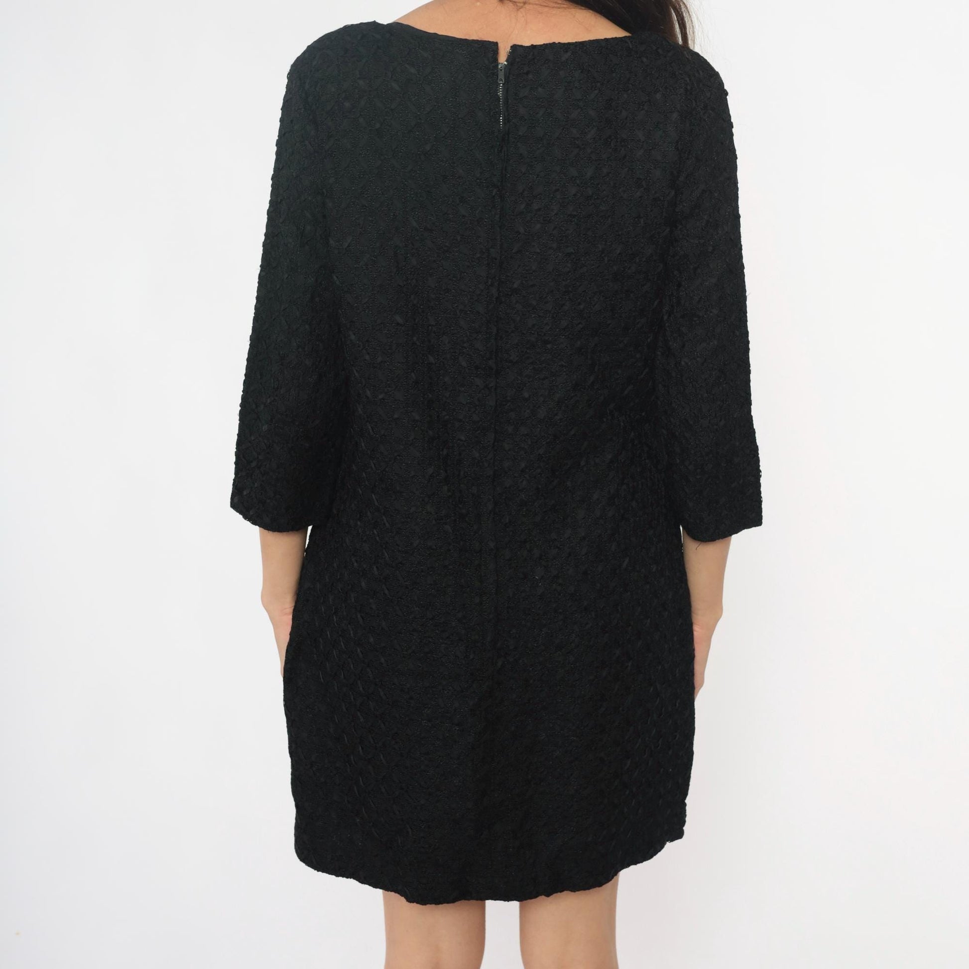 60s Black Shift Dress Boucle Boat Neckline Three-Quarter Sleeve Medium M