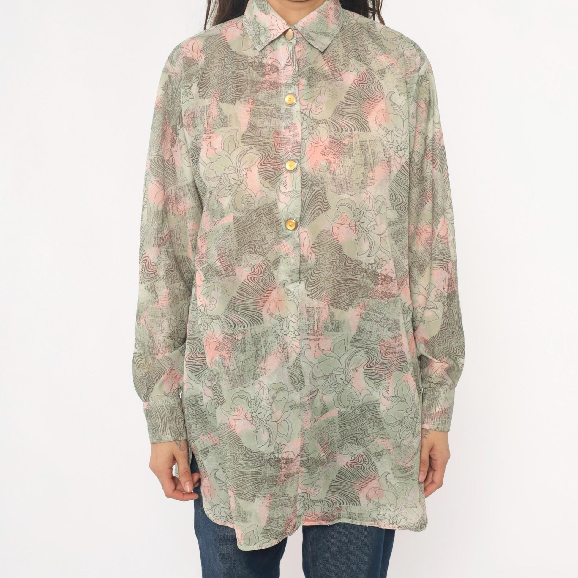 70s Abstract Floral Tunic Shirt Sage Pink Cream Button Front Medium