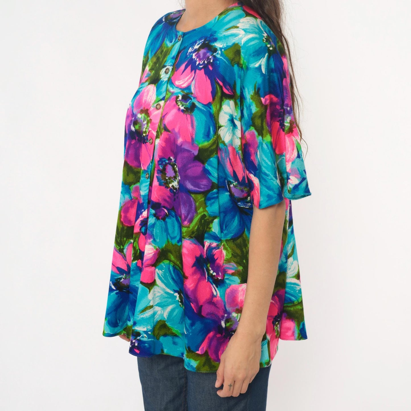 70s Haleaka Fashions Floral Button-Up Tunic Pink Purple Blue Cotton