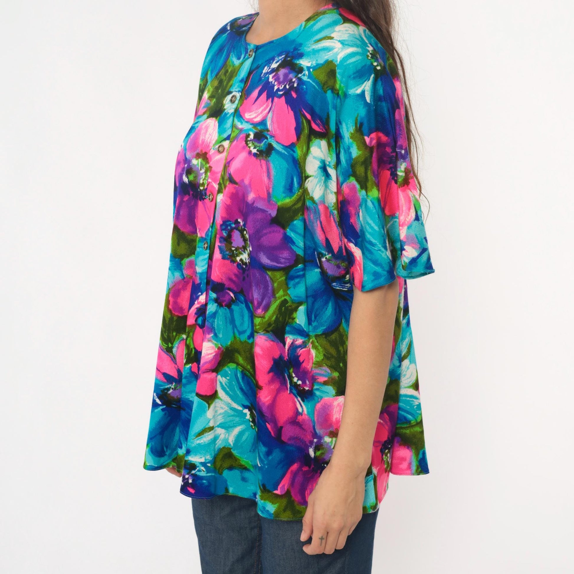 70s Haleaka Fashions Floral Button-Up Tunic Pink Purple Blue Cotton