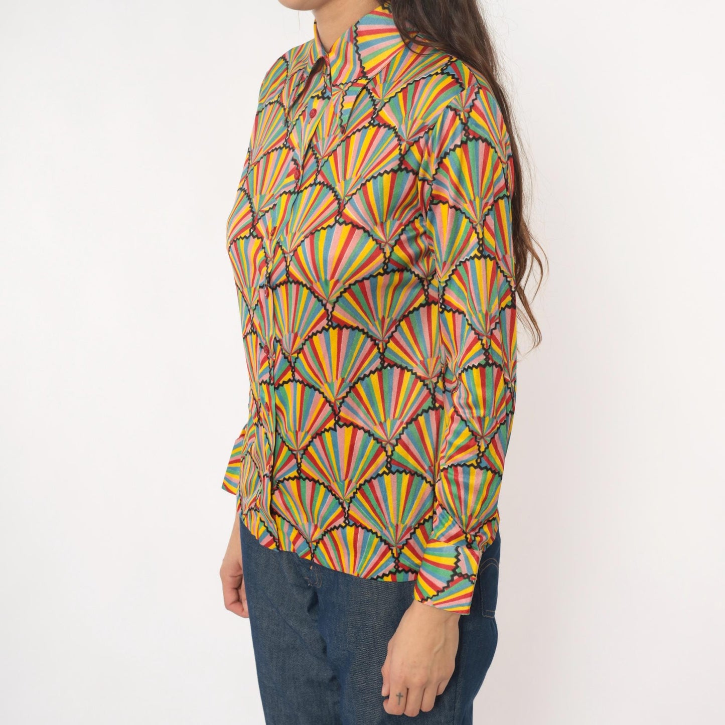 70s Helen Sue Geometric Fan Sunburst Blouse Multicolor Striped Collared Medium