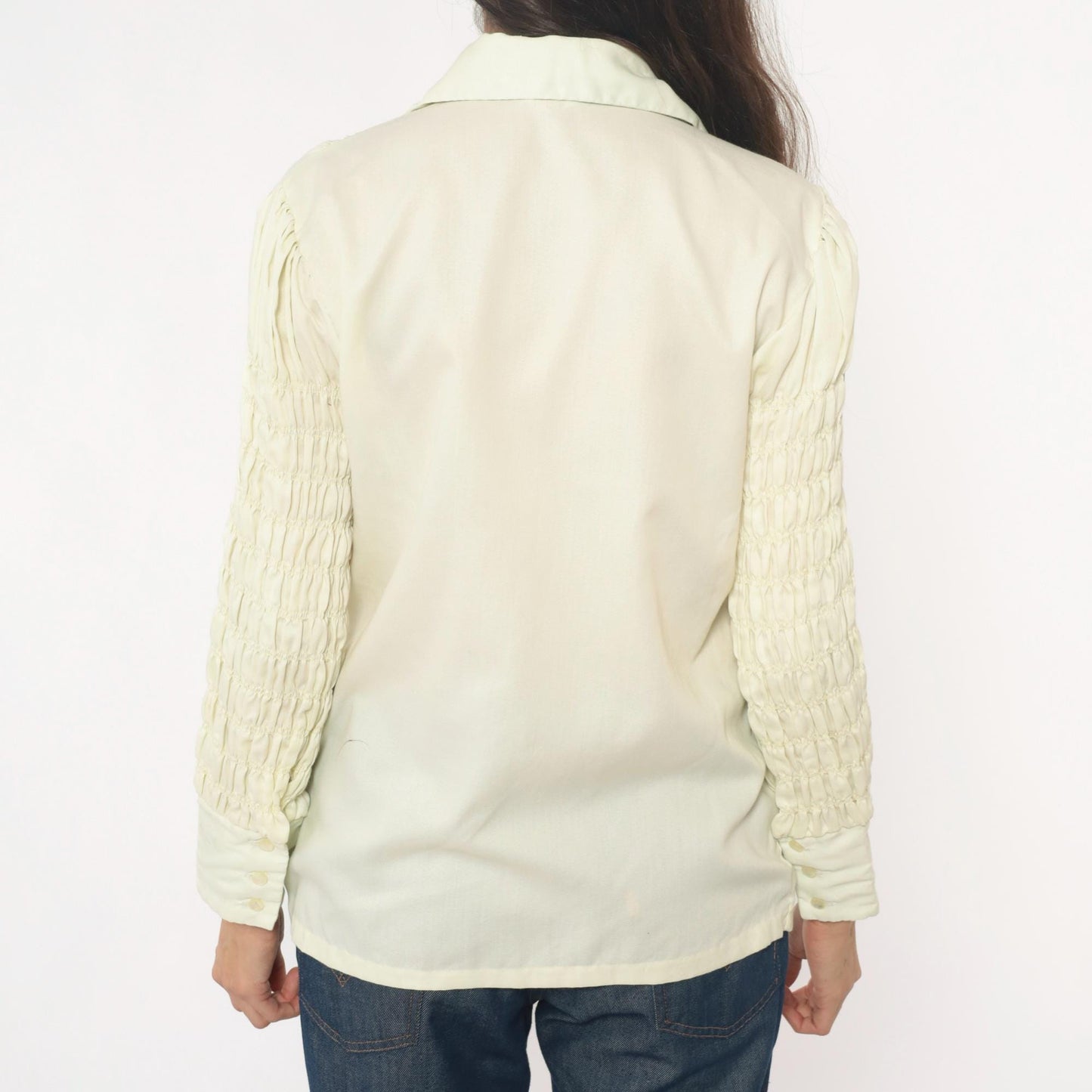 70s Ship n Shore Pale Yellow Button-Up Blouse Smocked Sleeve Collared Large