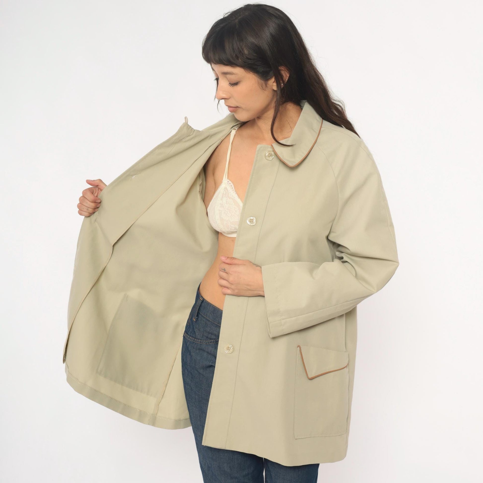 80s Beige Button Front Coat Peter Pan Collar Brown Trim Medium