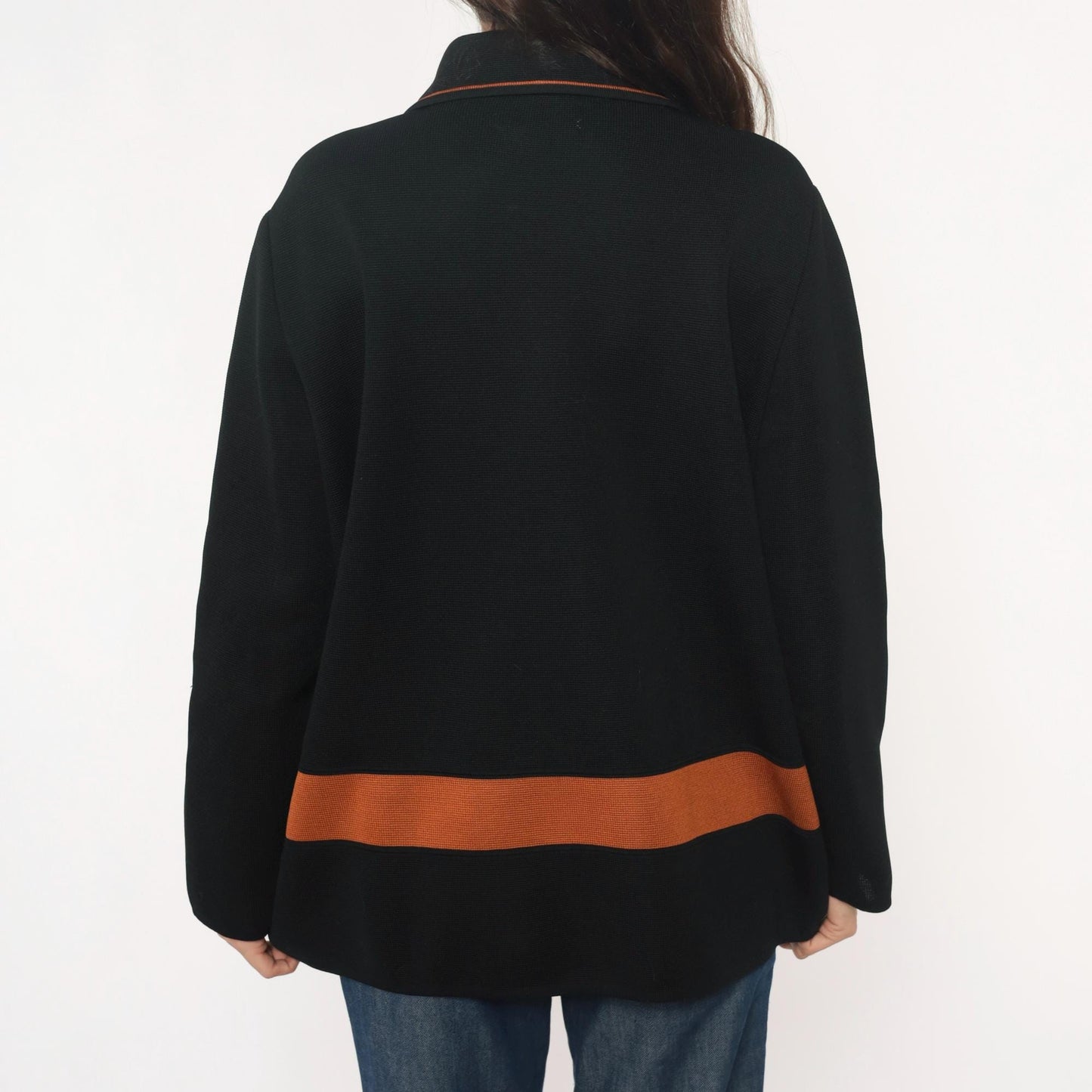 70s Black Knit Blazer Gold Buttons Rust Orange Trim Collared Jacket Large L