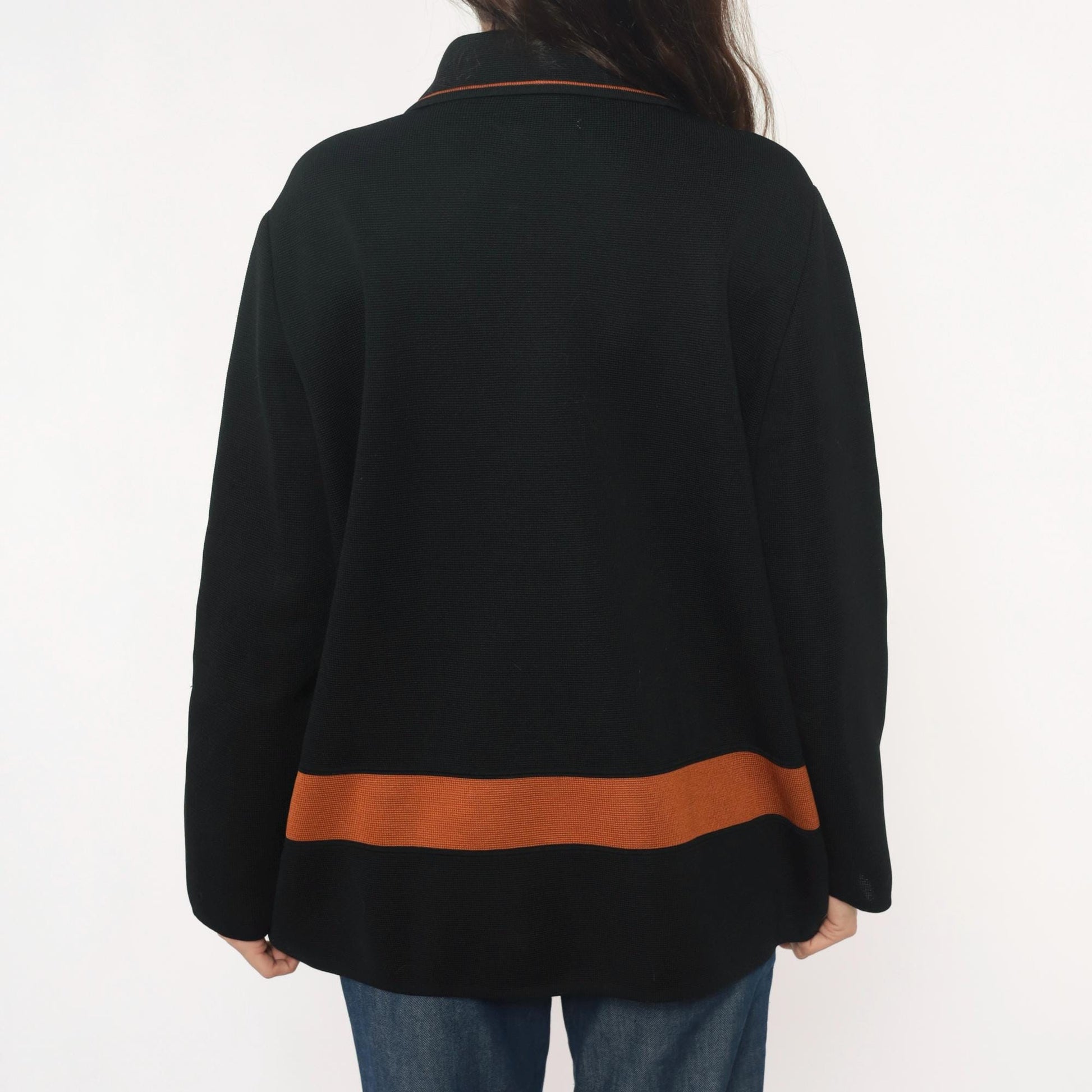 70s Black Knit Blazer Gold Buttons Rust Orange Trim Collared Jacket Large L