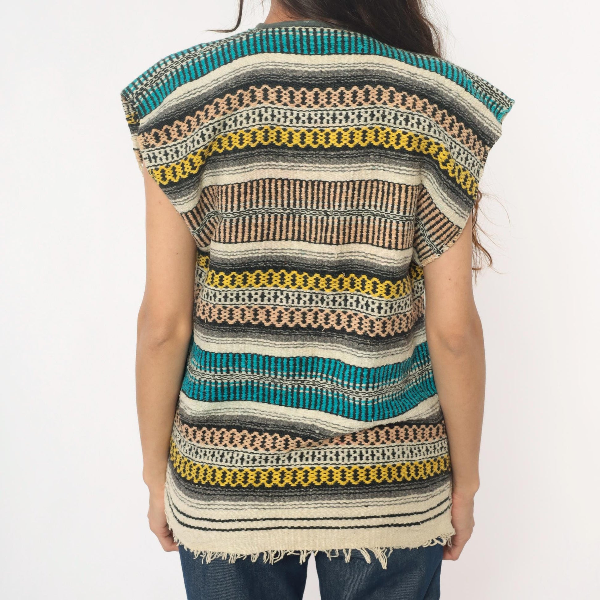70s Mexican Serape Woven Vest Multicolor Striped Southwest Cap Sleeve Small