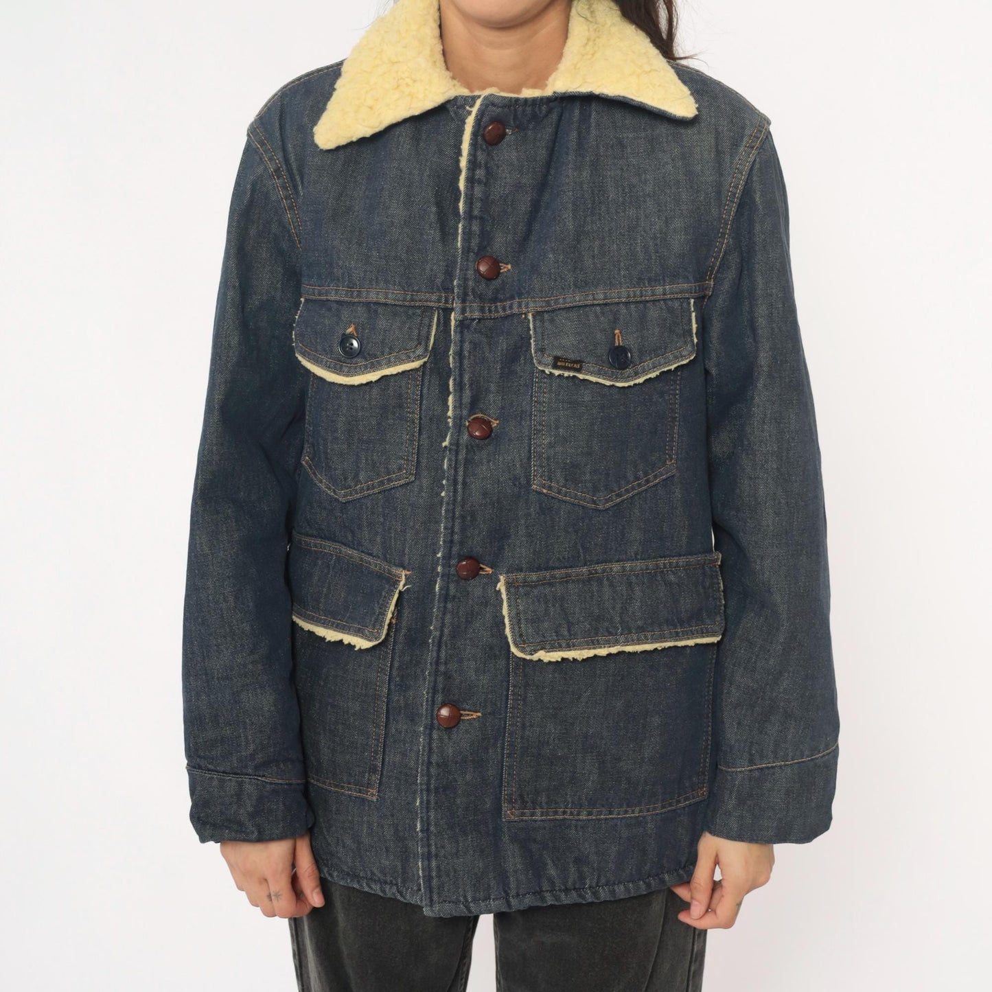 70s Roebucks Denim Jacket Sherpa Lined Dark Indigo Cream Workwear Medium Large