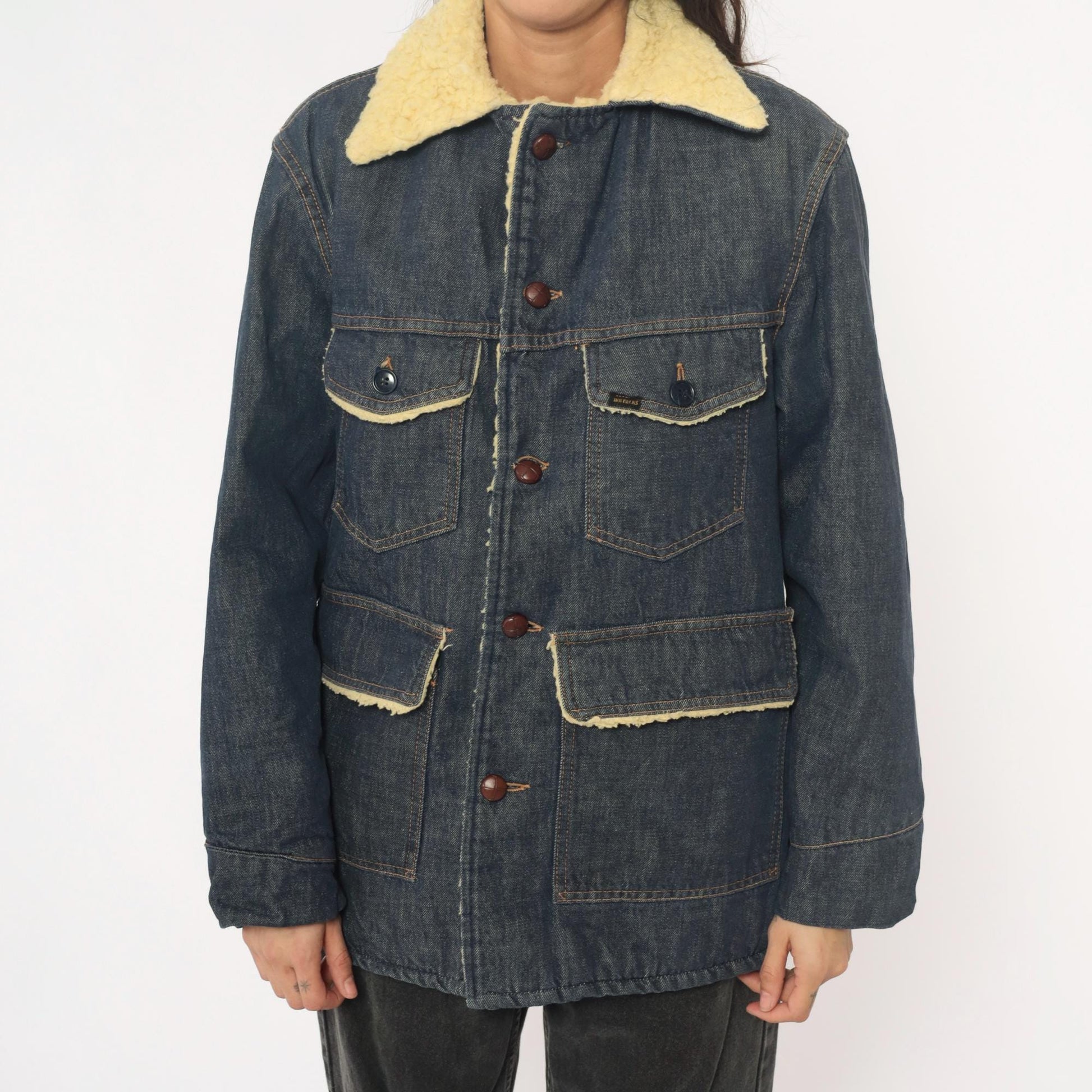 70s Roebucks Denim Jacket Sherpa Lined Dark Indigo Cream Workwear Medium Large