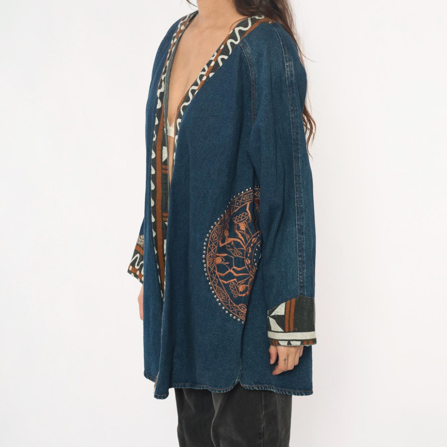 90s Southwestern Denim Jacket Tribal Embroidered Studs Blue Medium