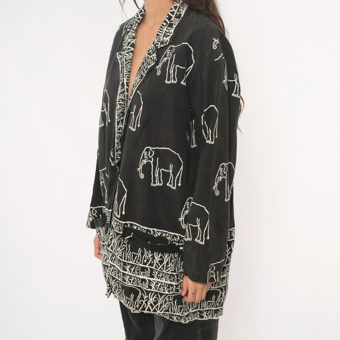 90s Black Cotton Elephant Print Tunic Jacket Collared Medium M