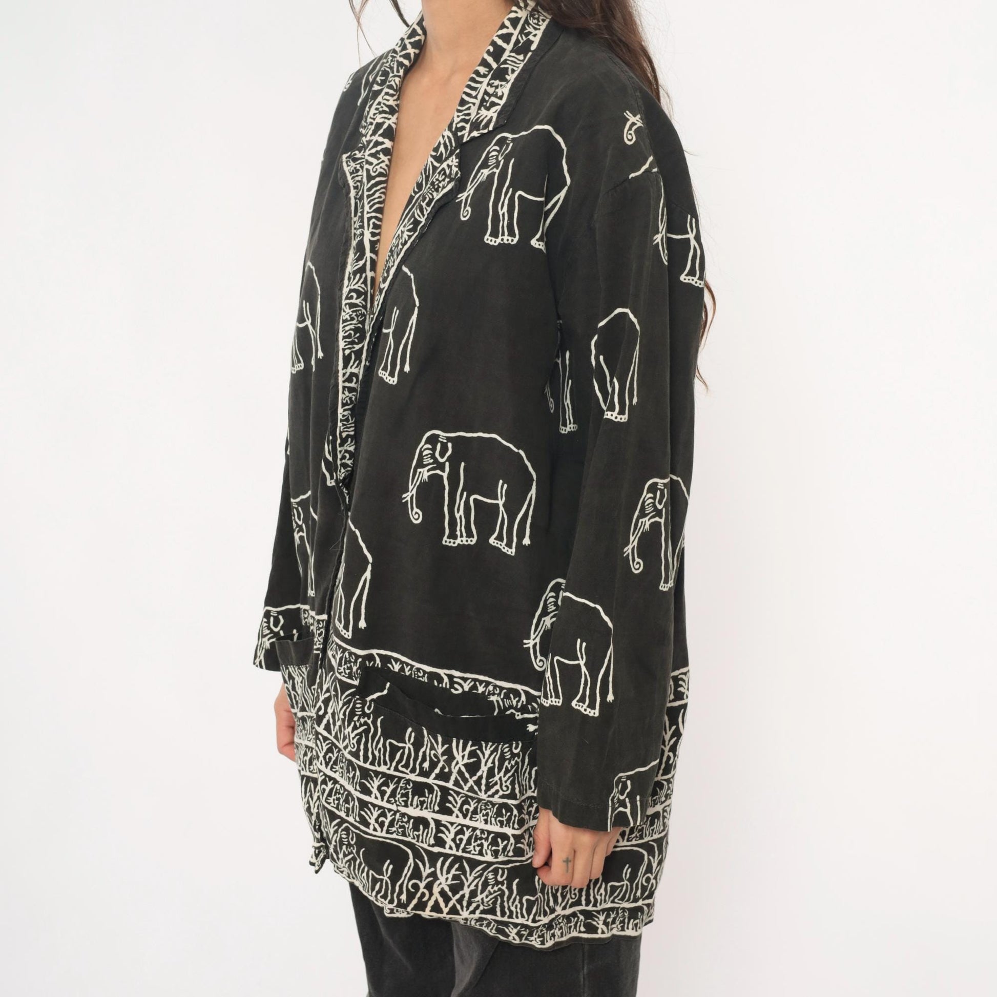 90s Black Cotton Elephant Print Tunic Jacket Collared Medium M