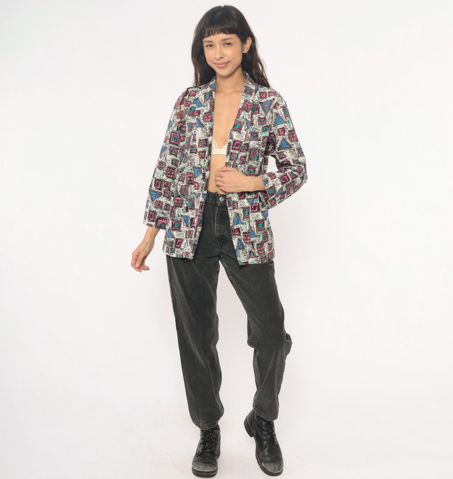 90s Mister Remo Geometric Abstract Blazer Pink Blue Cotton Small S