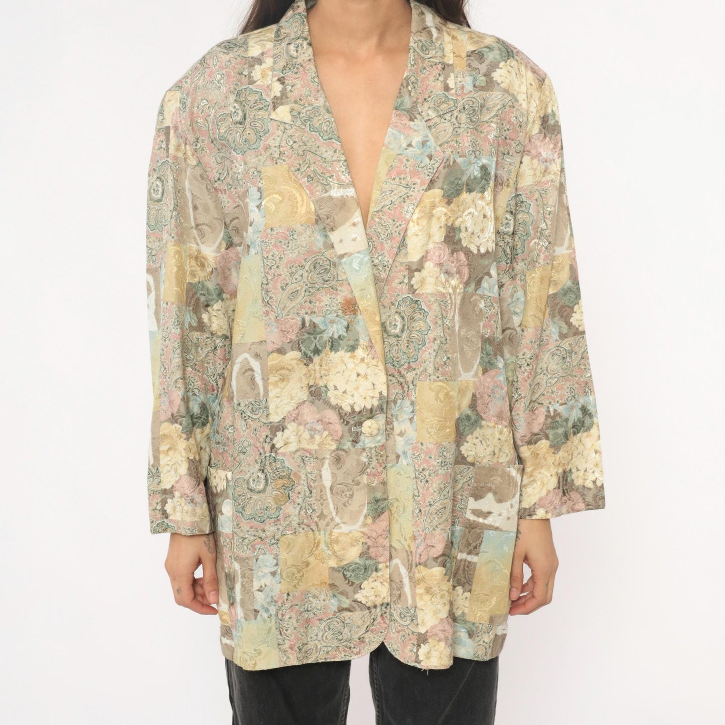 90s Melissa Robyn Floral Paisley Open Blazer Cream Multi Medium