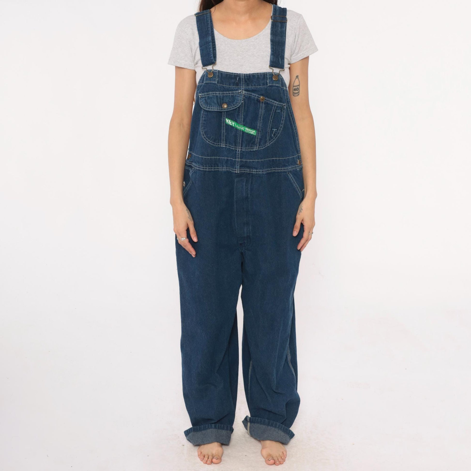 90s Key Imperial Navy Denim Overalls Cargo Pockets Utility Extra Large XL
