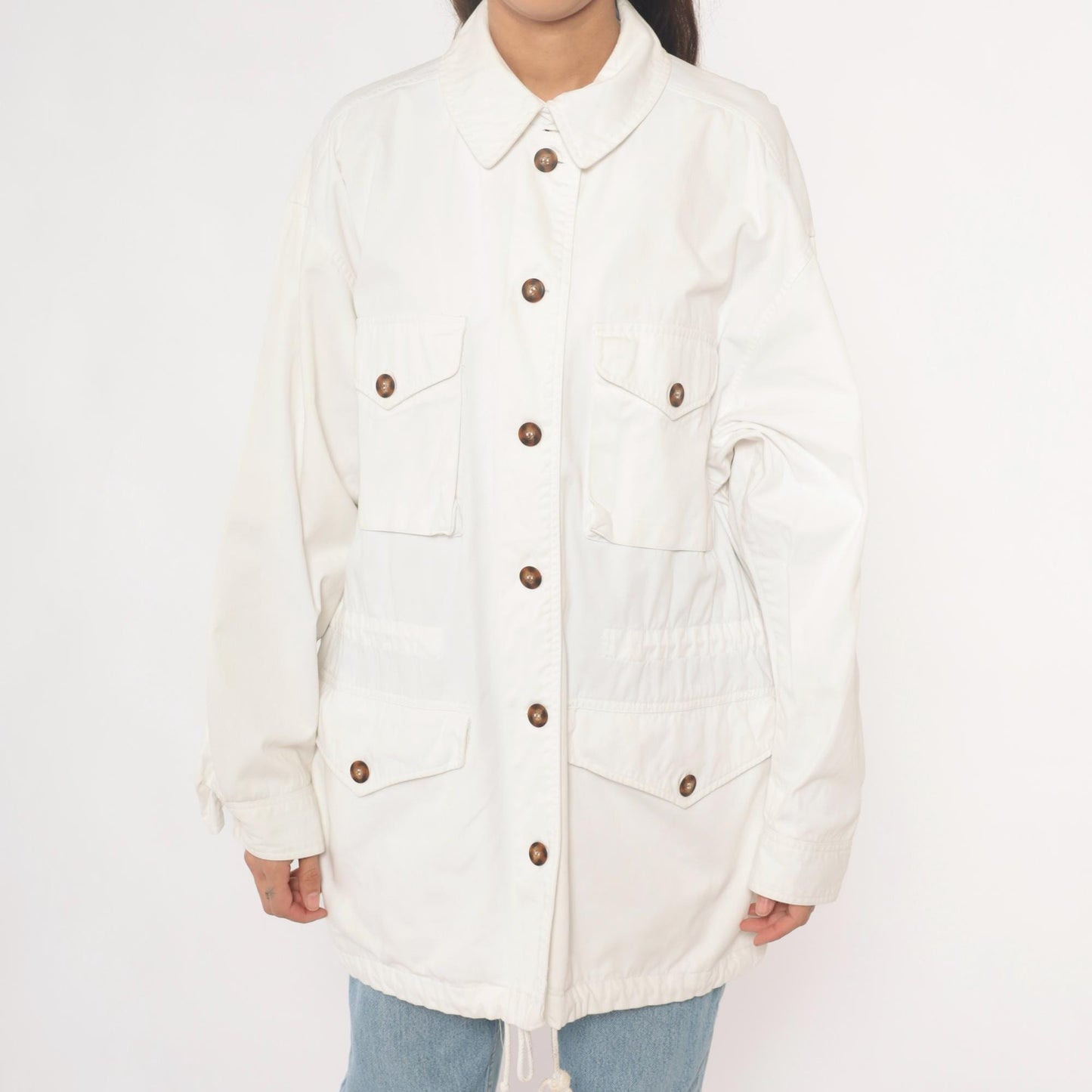 90s Adrienne Vittadini Cotton Utility Jacket Cream Pointed Collar Medium M
