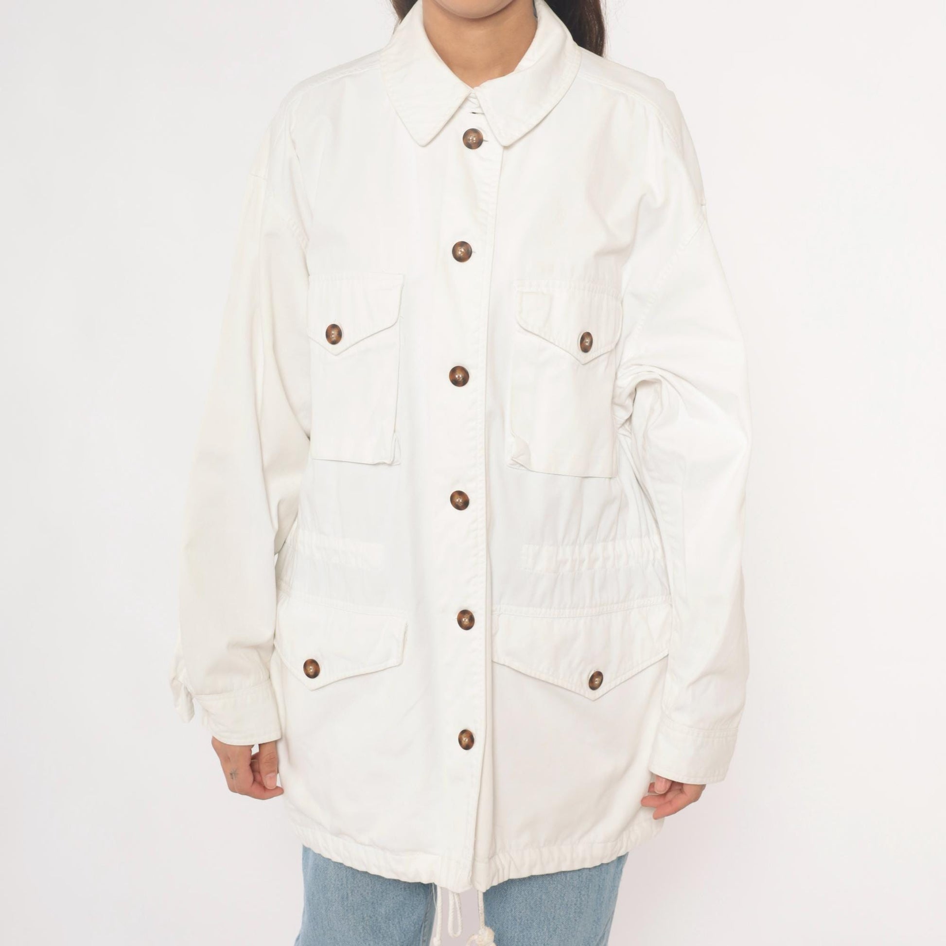 90s Adrienne Vittadini Cotton Utility Jacket Cream Pointed Collar Medium M