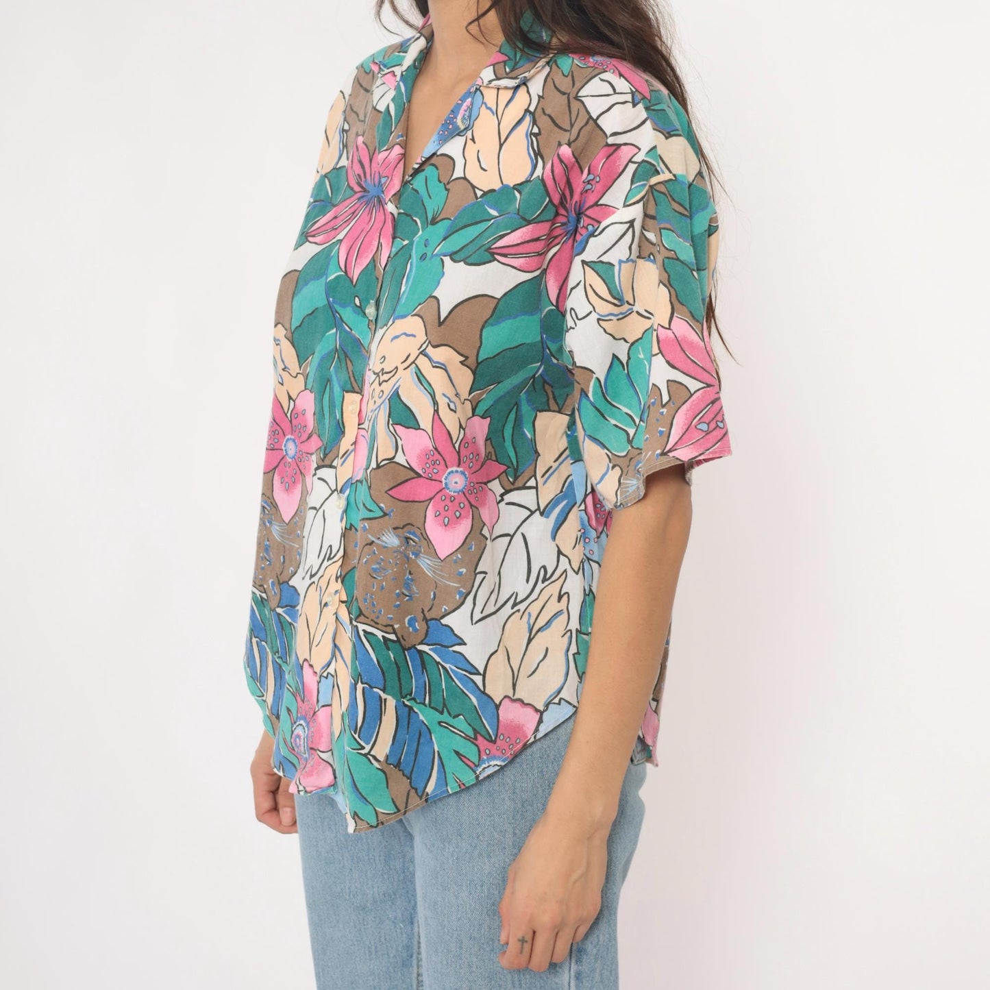 90s Caribou Tropical Floral Hawaiian Shirt Pink Blue Monstera Medium