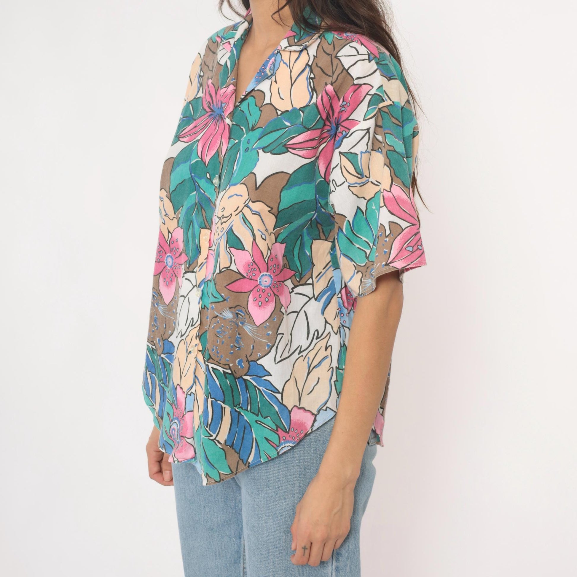 90s Caribou Tropical Floral Hawaiian Shirt Pink Blue Monstera Medium