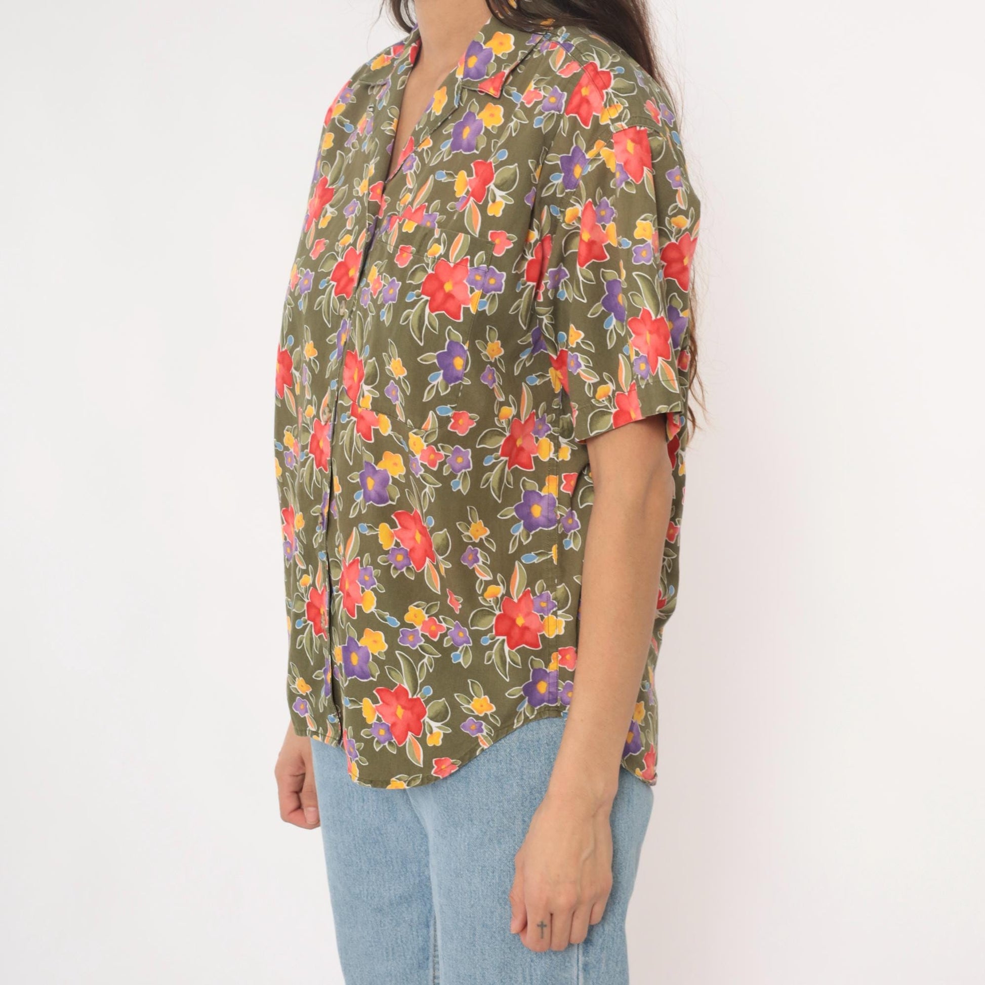 90s Liz Sport Floral Camp Collar Shirt Olive Green Cotton Small S
