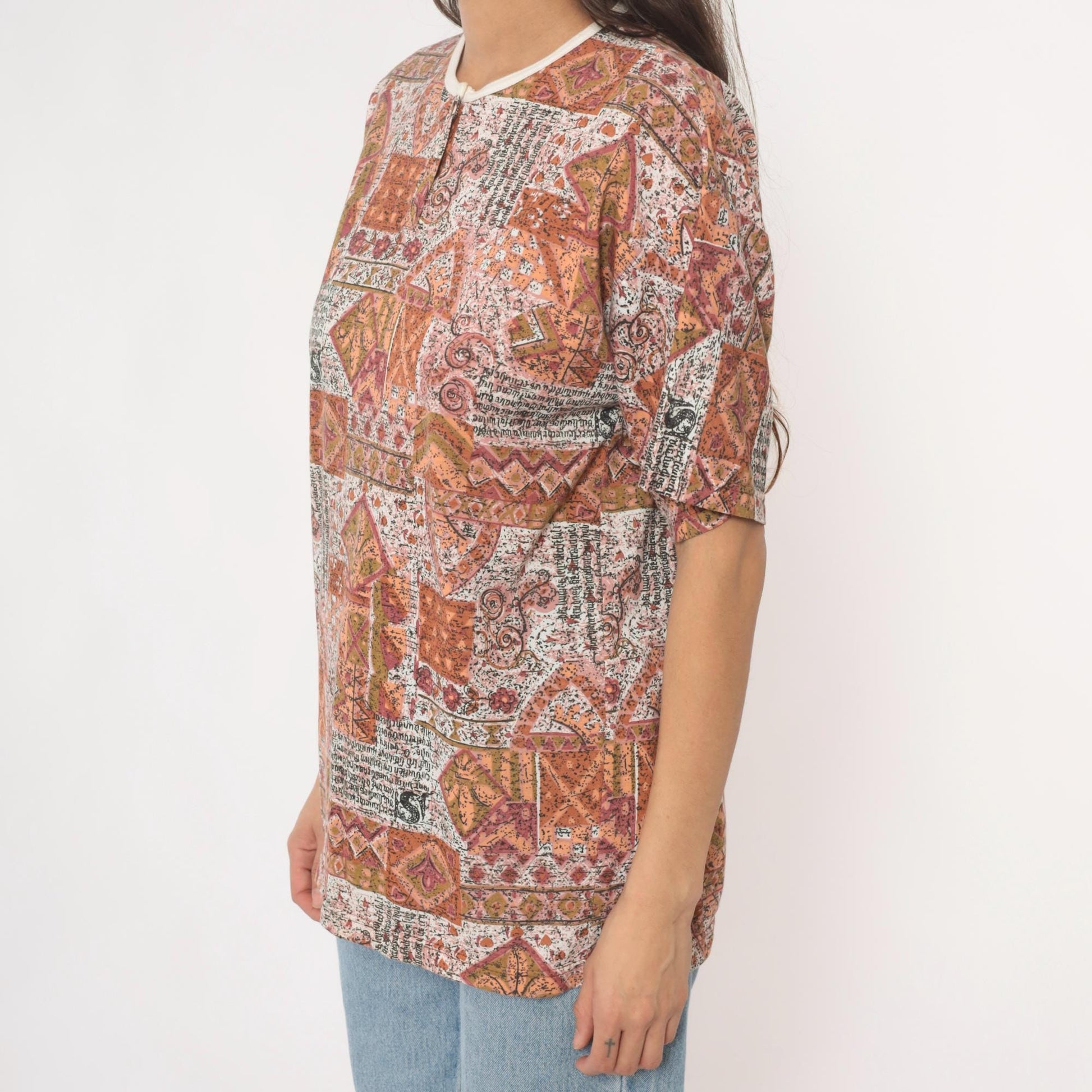Y2K Patchwork Print Tee Rust Orange Cream Geometric Paisley Unisex Large L
