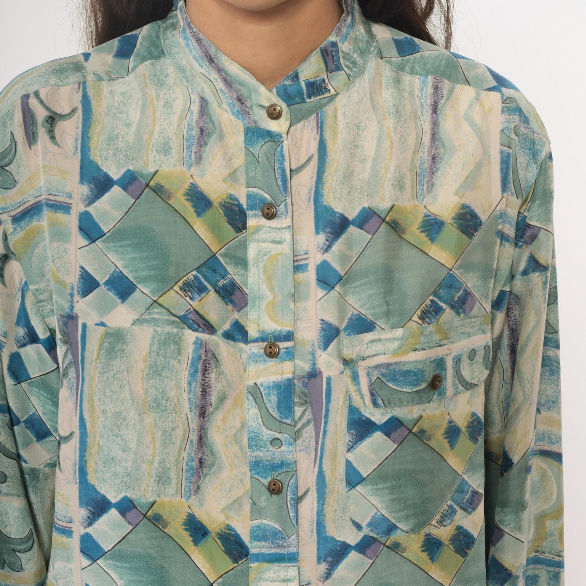 90s Silk Blouse Abstract Geometric Print Blue Green Cream Button Front Medium M