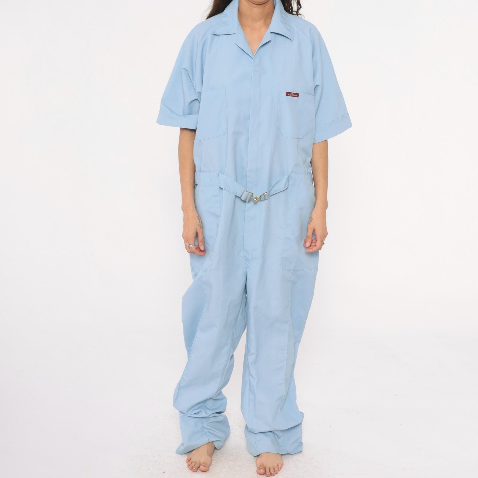 Parasuit Light Blue Jumpsuit Utility Coverall Belted Collar Large