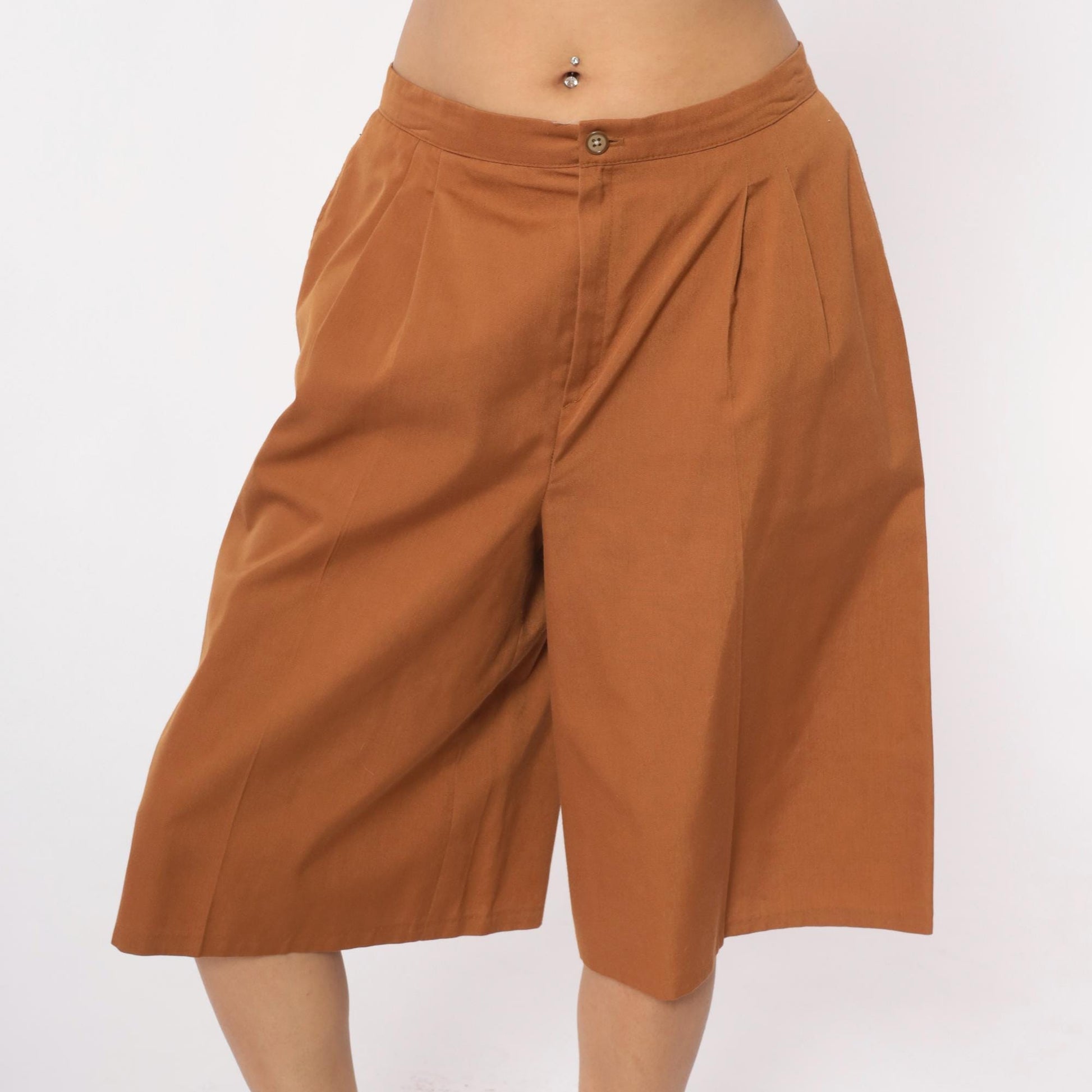 80s Camel Pleated High-Waist Shorts Tailored Wide Leg Medium