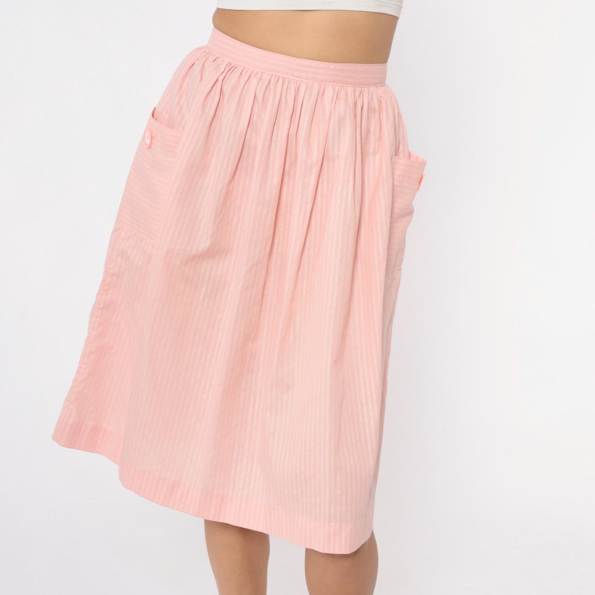 60s Pink Striped Cotton Skirt High Waist Pleated Knee Length Extra Small XS