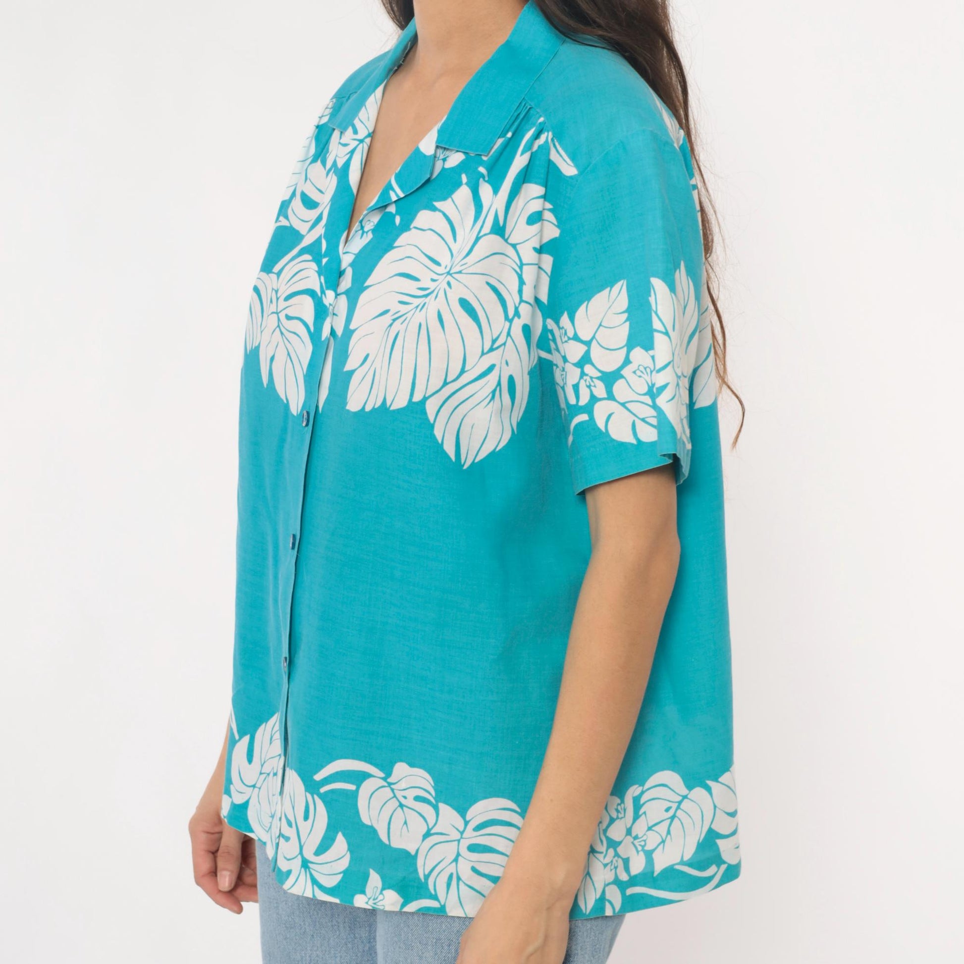 80s Hilo Hattie Hawaiian Shirt Turquoise Monstera Leaf Print Large
