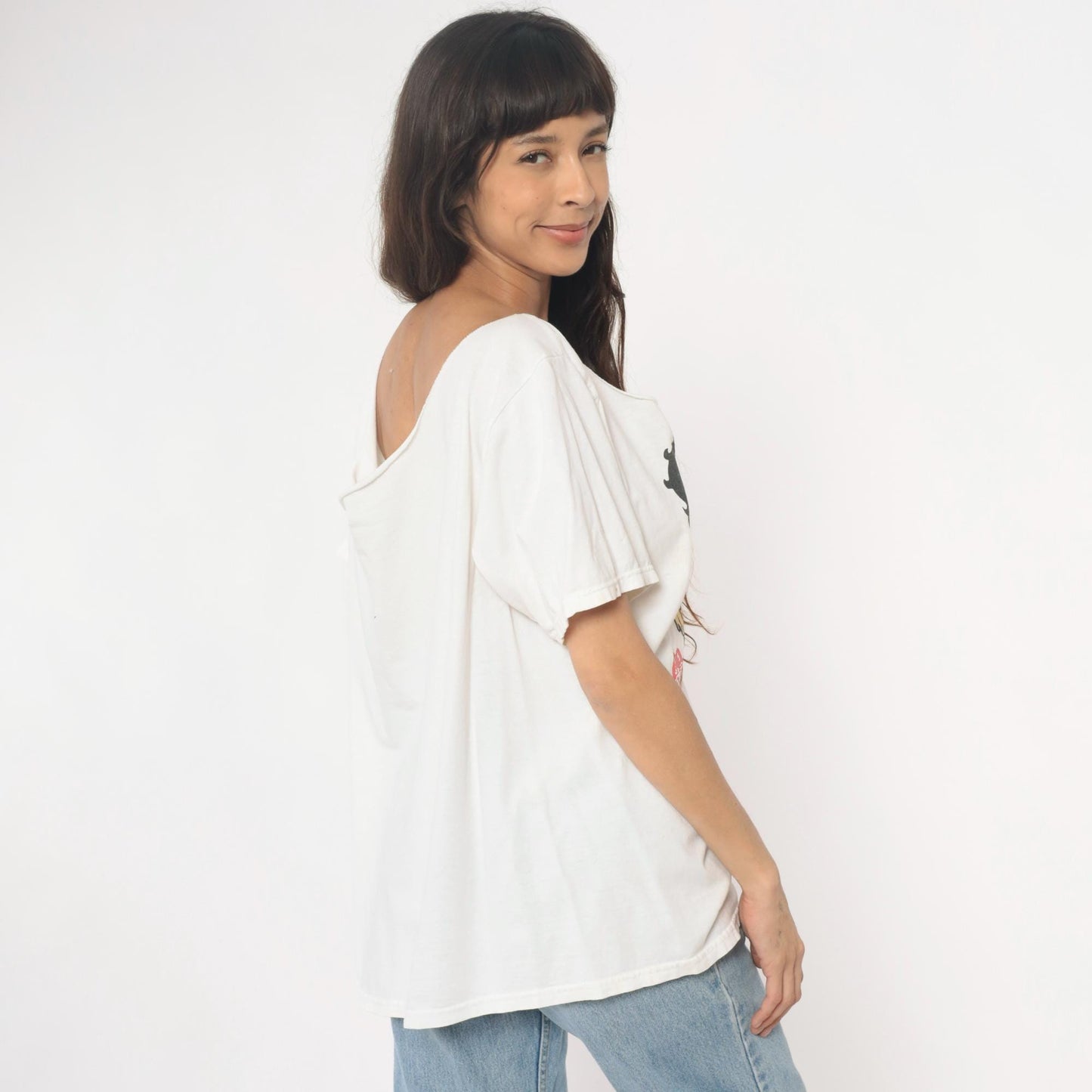 Y2K Betty Boop Graphic Tee White Cotton Off-Shoulder Distressed Extra Large