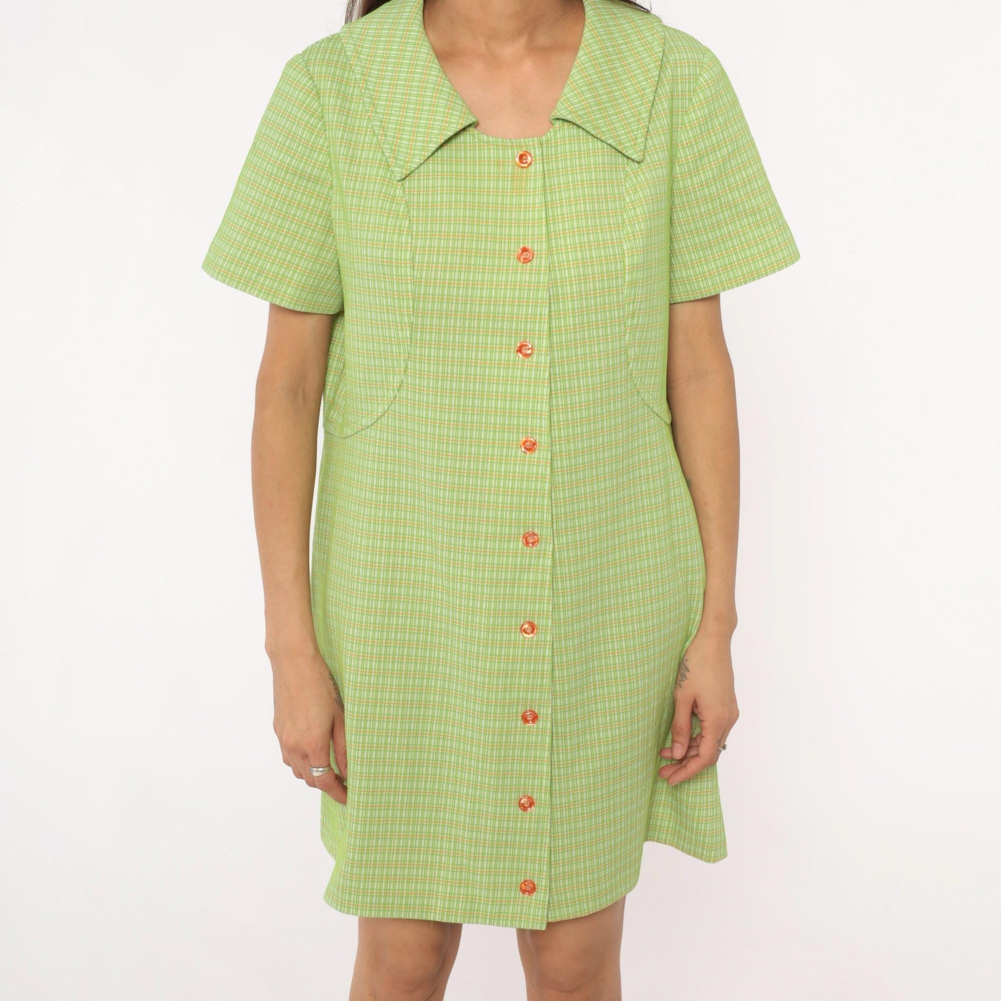70s Green Yellow Checkered Mini Shift Dress Pointed Collar Short Sleeve Large L