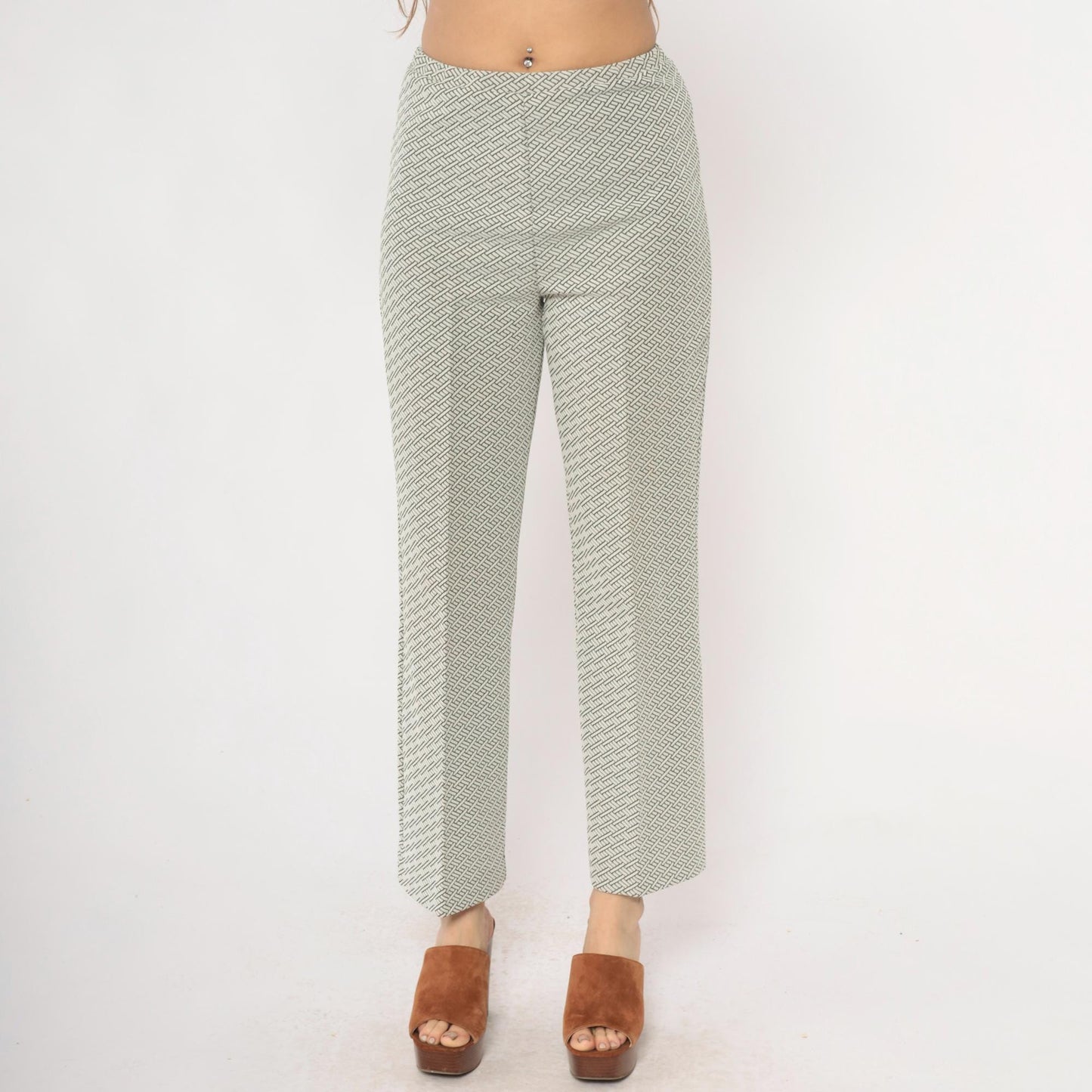 70s Geometric Basketweave Straight Leg Pants Cream Black High Waist Small